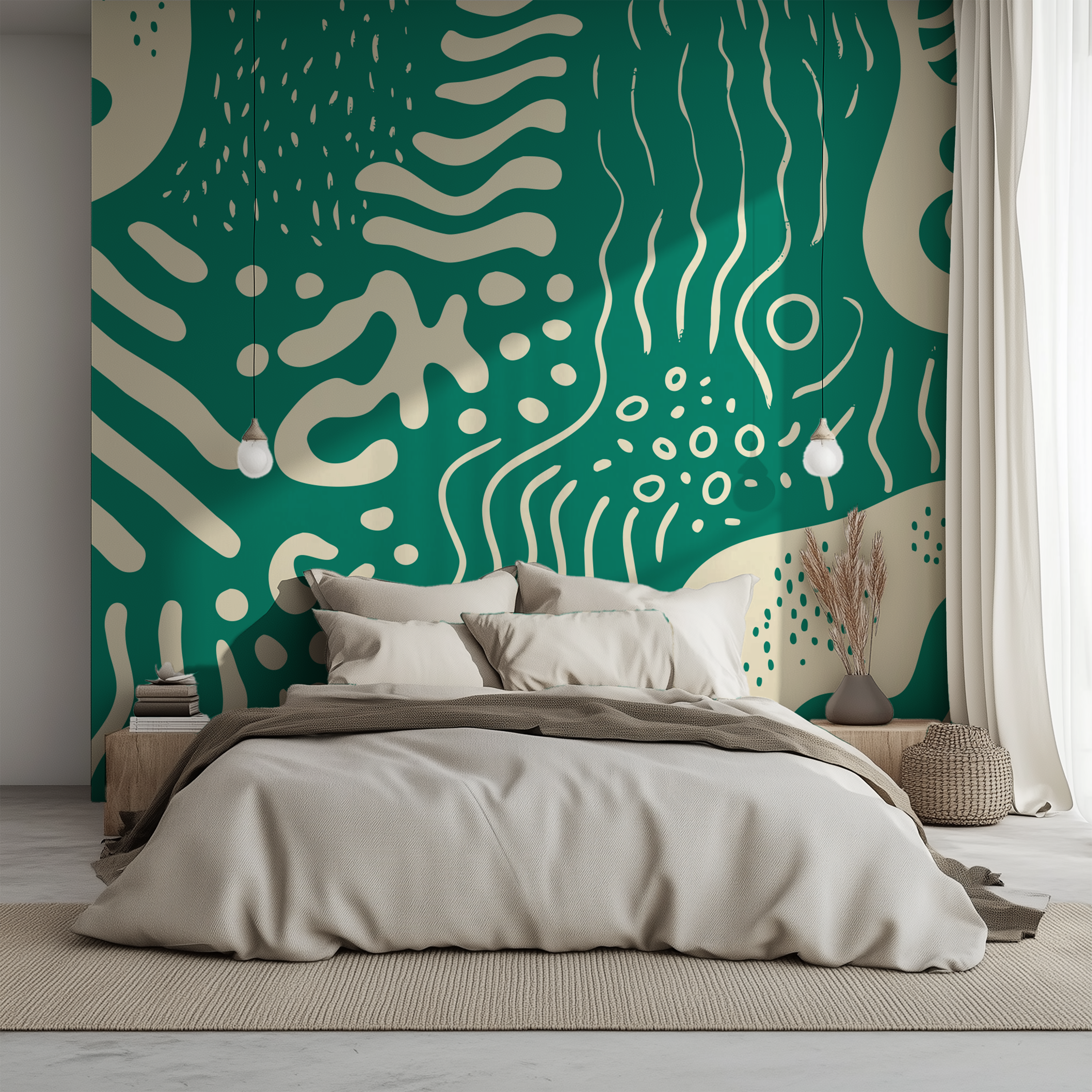 Jade green organic abstract wallpaper creating a contemporary bedroom feature wall with neutral bedding and modern styling.