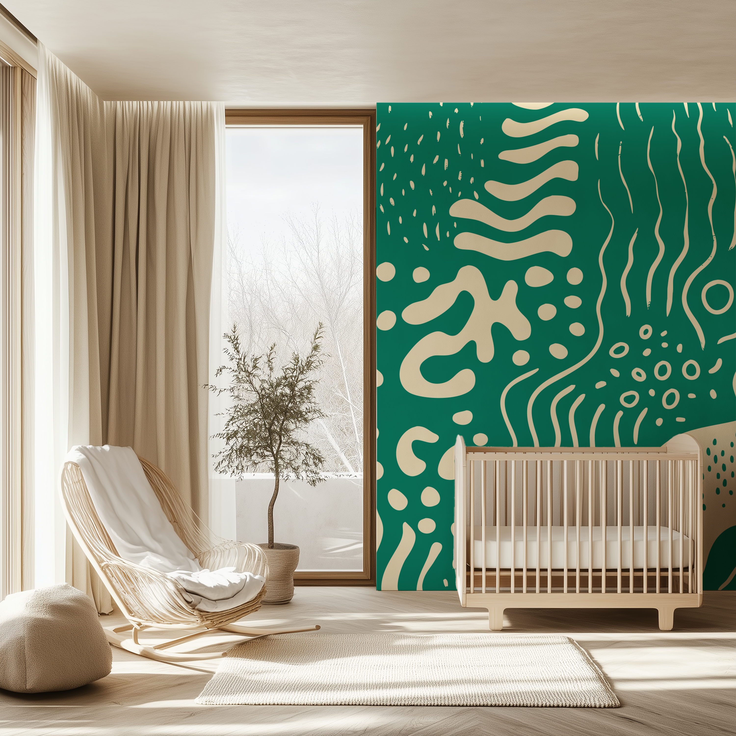 Modern nursery featuring jade green organic abstract wallpaper with a wooden cot and soft natural décor.