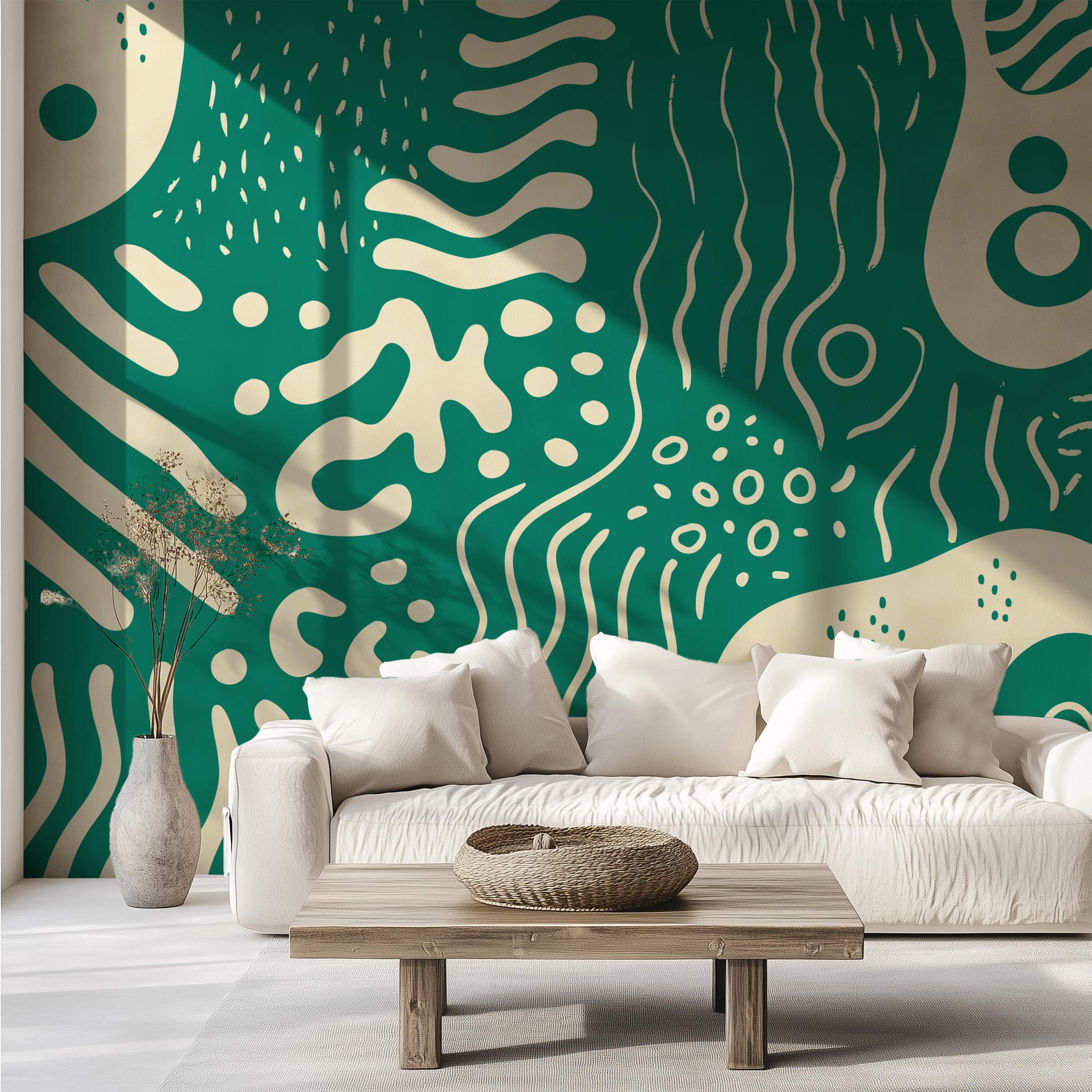 Modern living room featuring Marea Jade organic abstract wallpaper behind a contemporary white sofa with natural wood furniture.