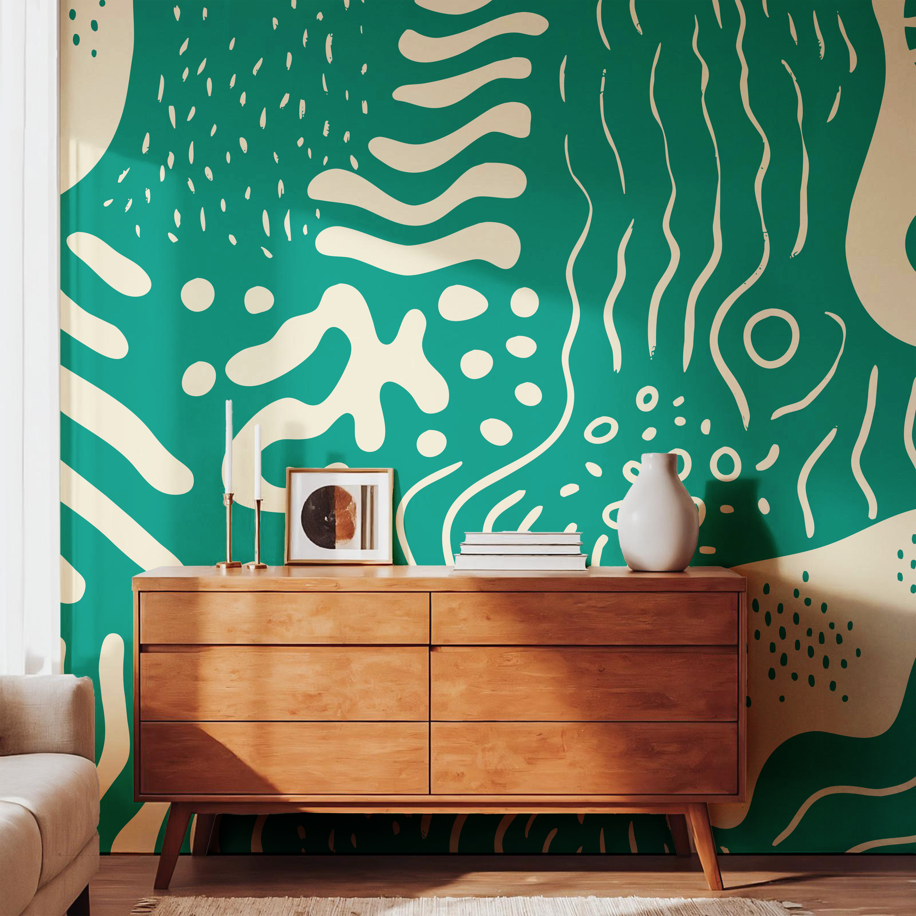 Jade green organic abstract wallpaper behind a wooden sideboard in a Scandinavian-inspired contemporary living space.