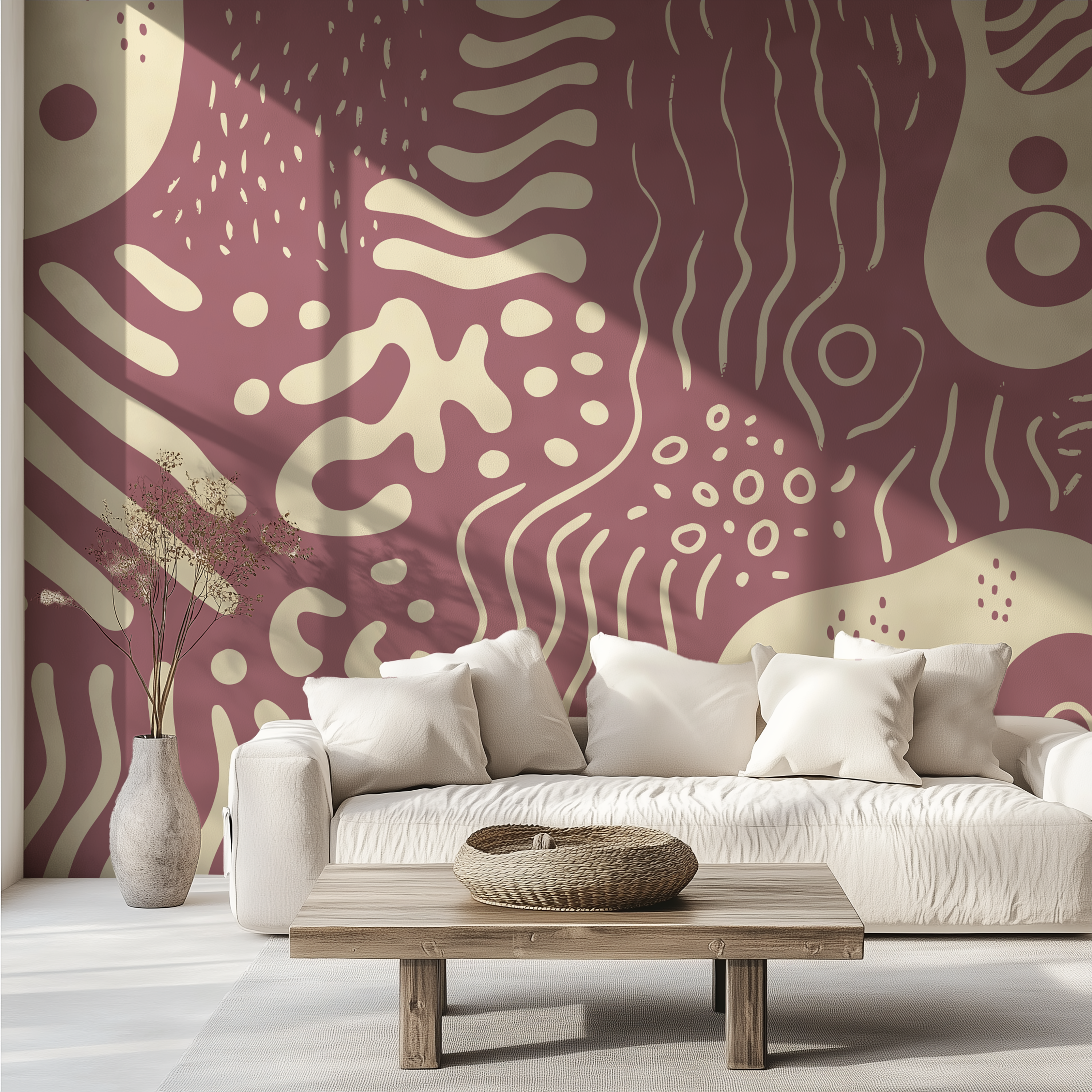 Large-scale dusty rose organic abstract wallpaper creating an elegant statement wall in a contemporary minimalist interior.
