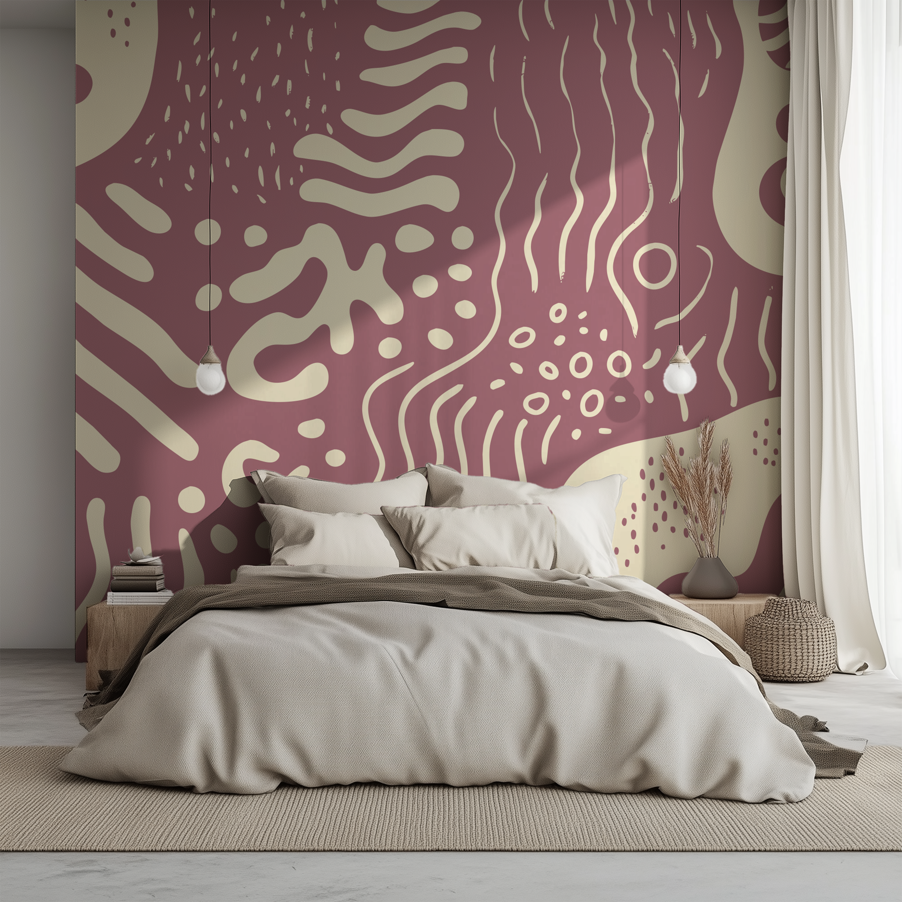 Dusty rose organic abstract wallpaper creating a modern bedroom feature wall with neutral bedding and minimalist décor.