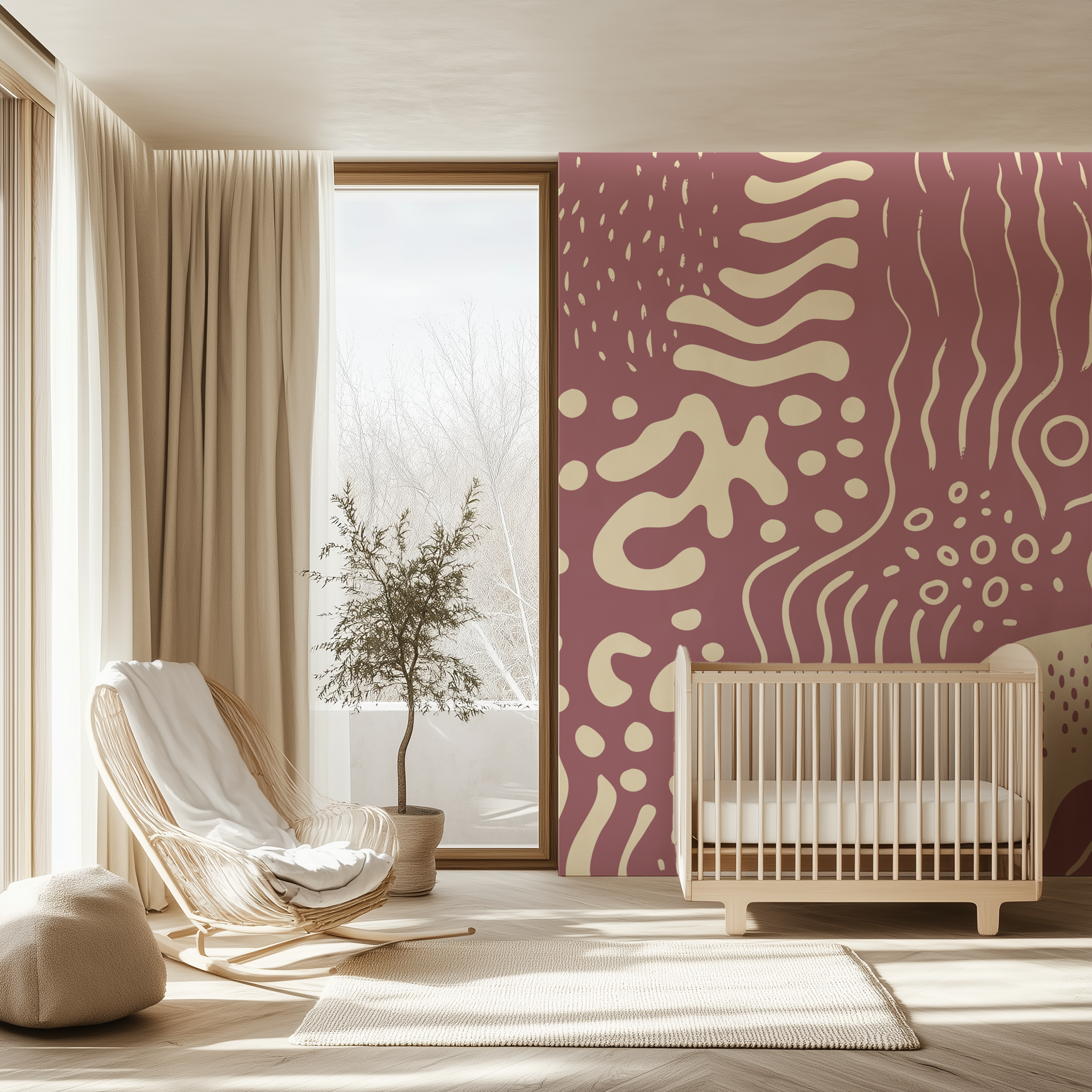 Dusty rose organic abstract wallpaper in a contemporary nursery with a wooden cot, natural textures and soft daylight.
