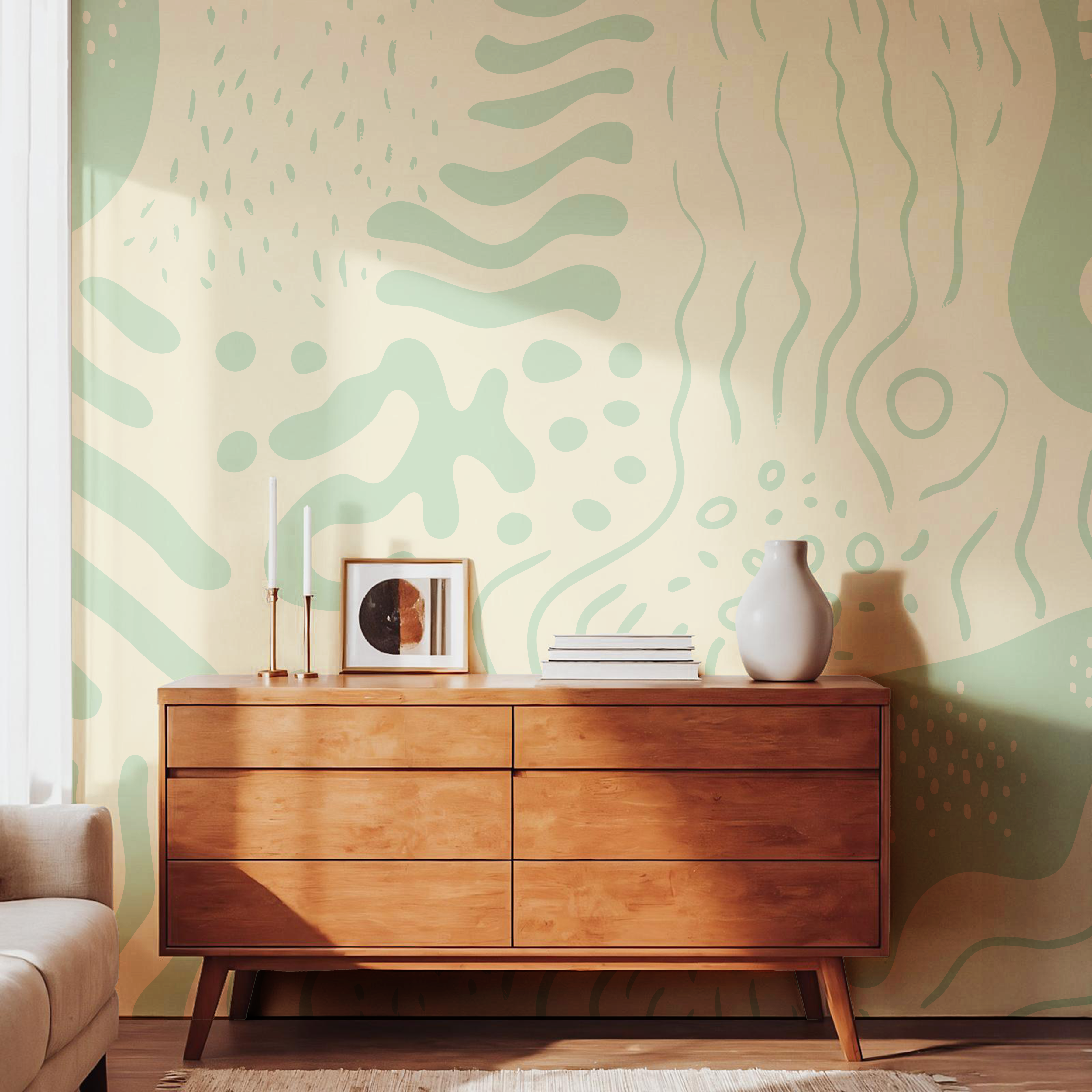 Feature wall with Marea Sage green abstract wallpaper surrounding an arched window in a modern minimalist interior.