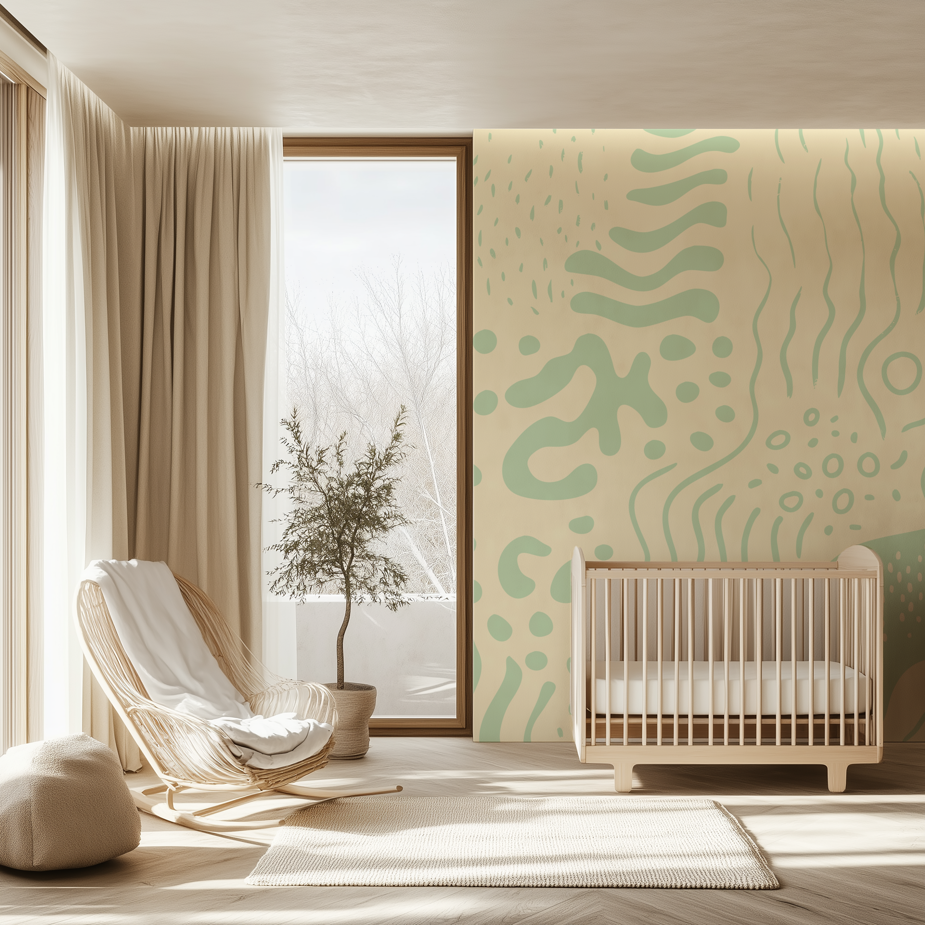 Marea Sage green organic abstract wallpaper in a bright nursery with wooden furniture and soft neutral décor.