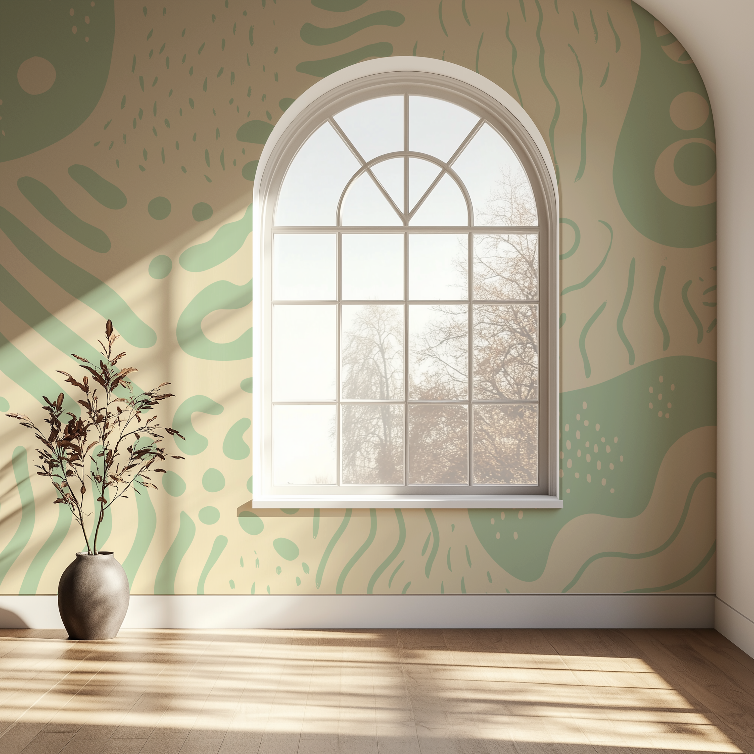 Contemporary hallway featuring Marea Sage wallpaper with flowing organic shapes in muted green and neutral tones.
