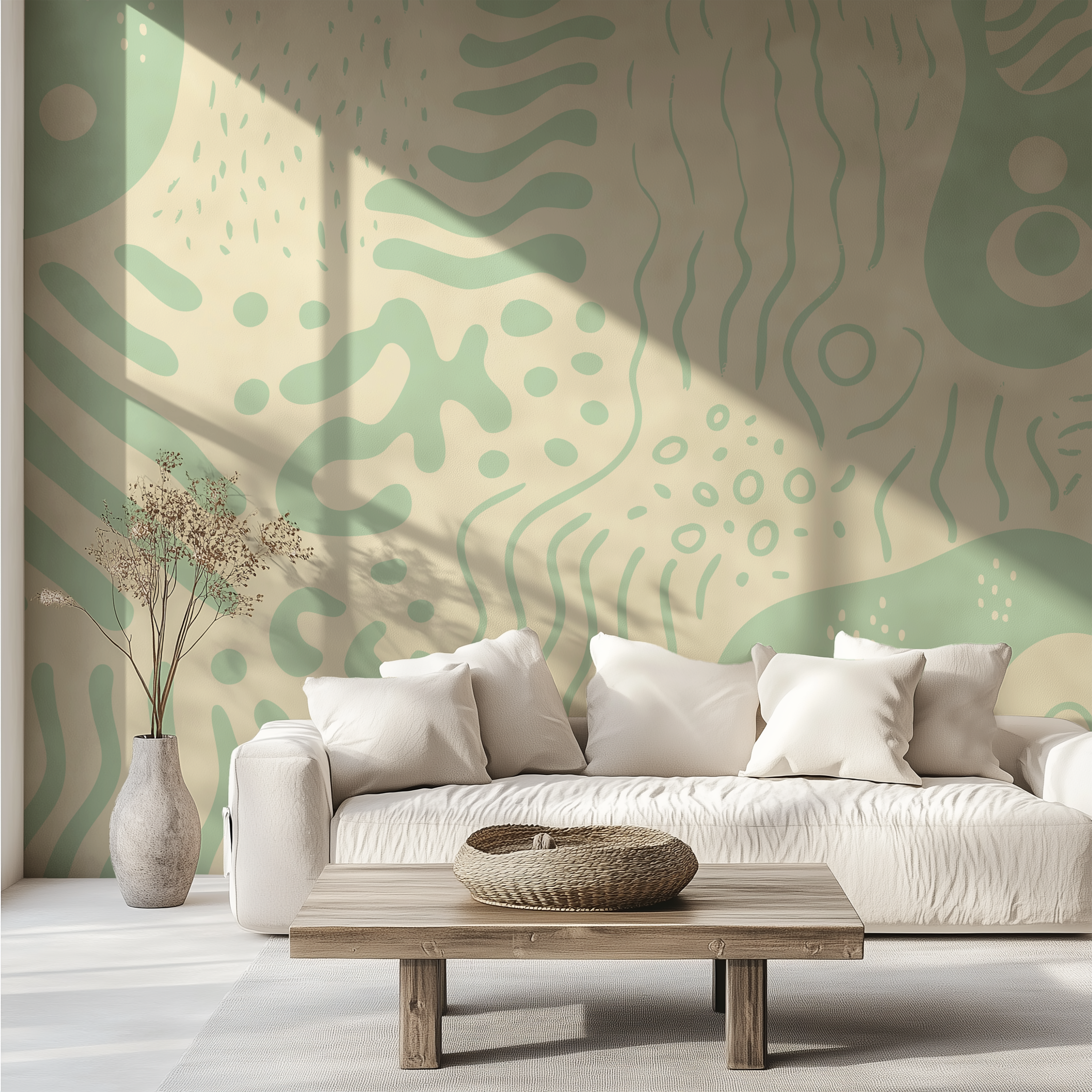 Modern living room with Marea Sage abstract wallpaper behind a wooden sideboard and minimalist décor.