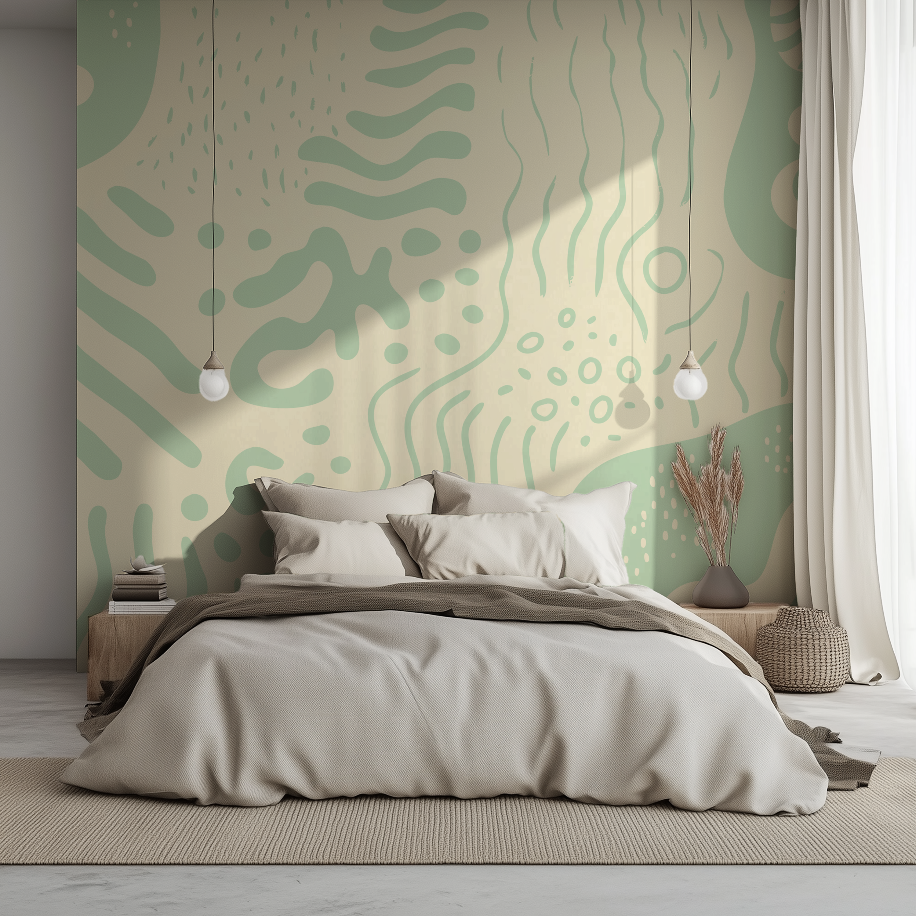 Minimalist bedroom featuring Marea Sage wallpaper as a statement headboard wall with soft sage green abstract patterns.
