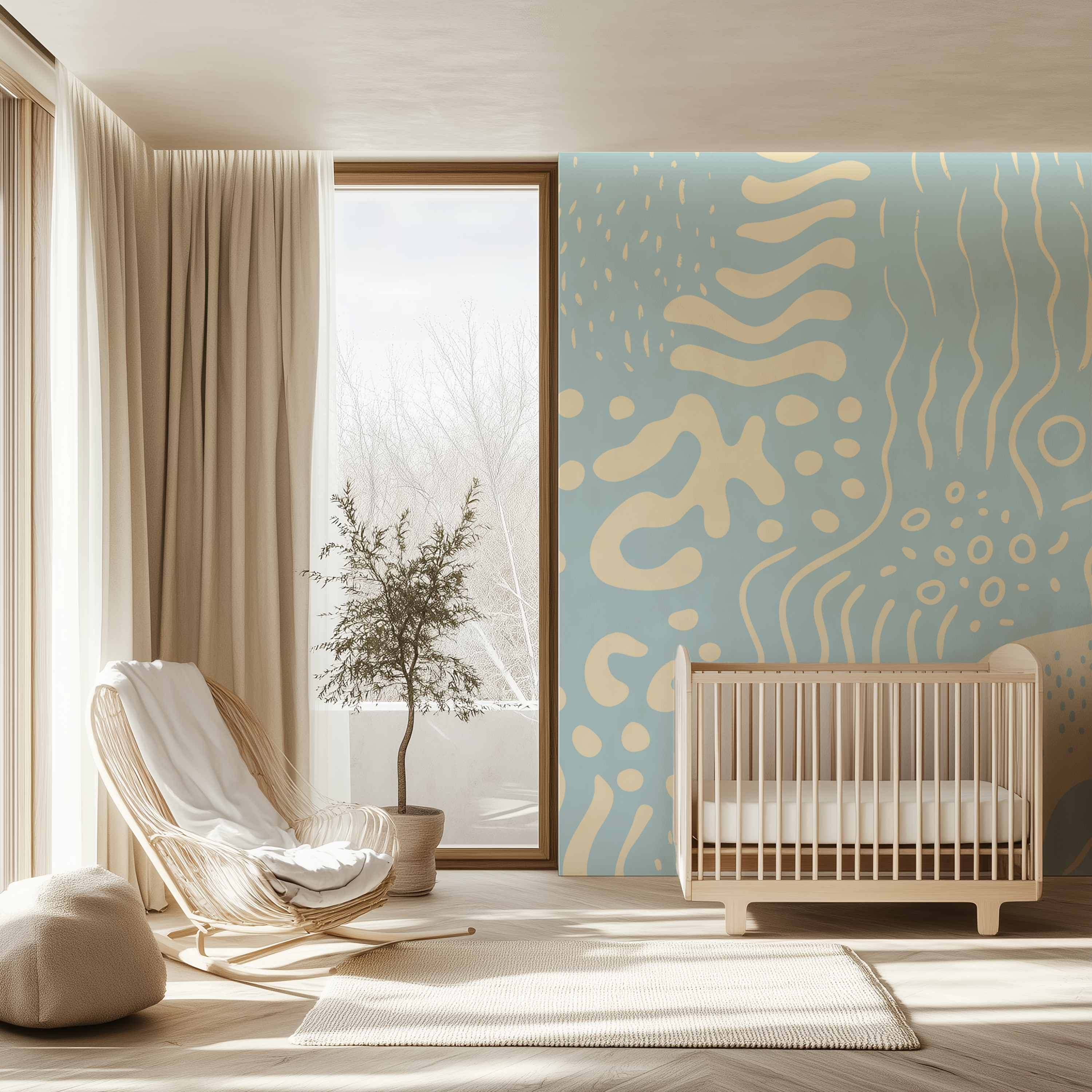 Marea Sky blue organic abstract wallpaper in a Scandinavian nursery with a wooden cot, natural textures and soft daylight.