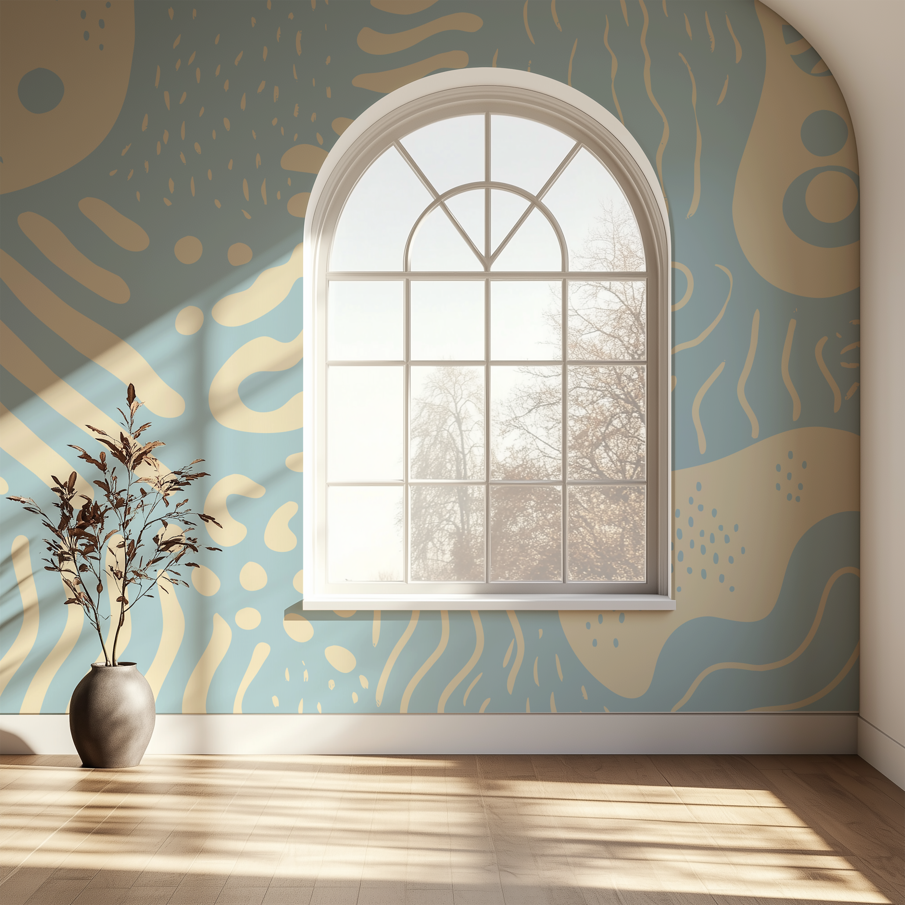 Elegant hallway featuring Marea Sky blue abstract wallpaper with flowing hand-drawn shapes and contemporary décor.