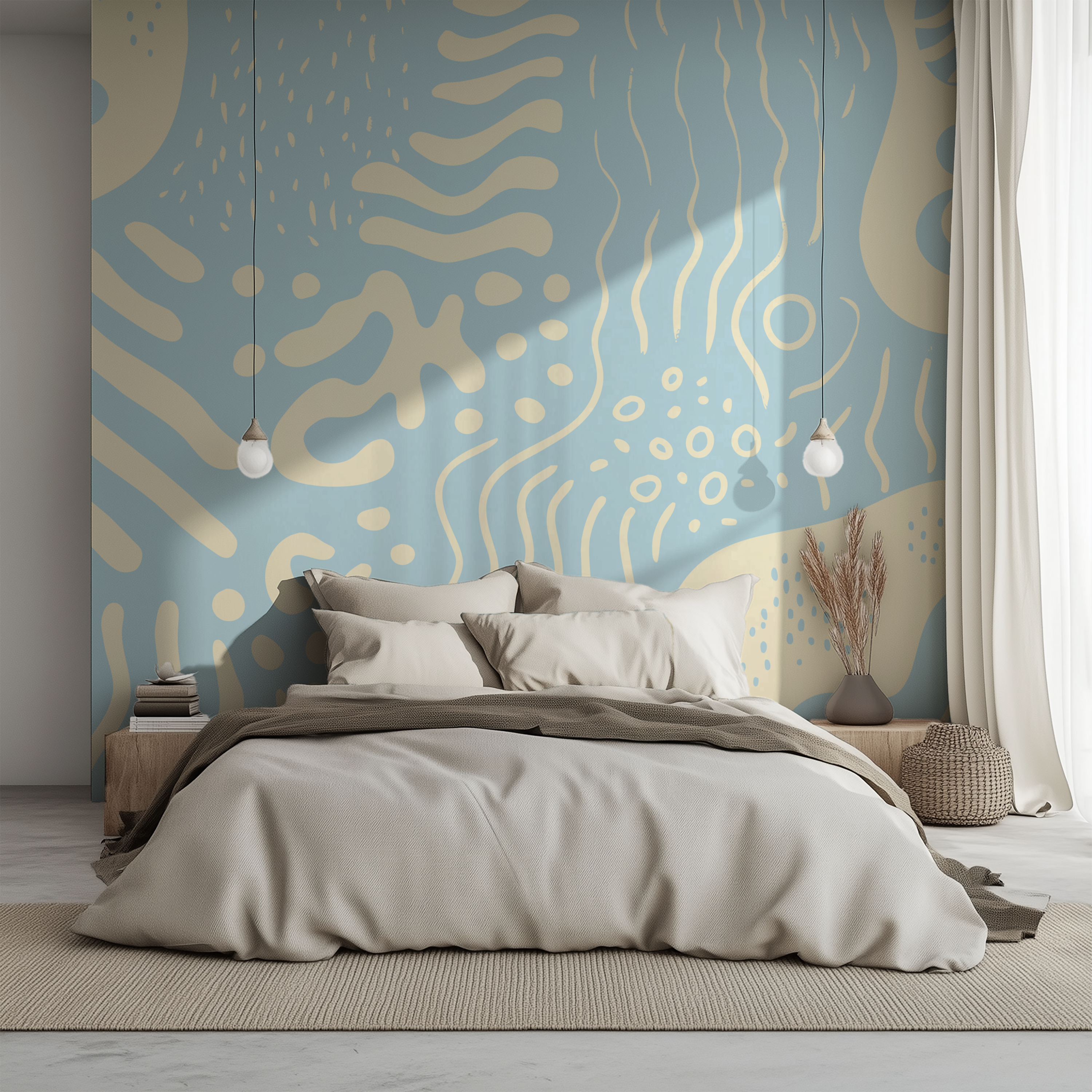Modern bedroom styled with Marea Sky blue abstract wallpaper featuring flowing organic shapes and minimalist décor.