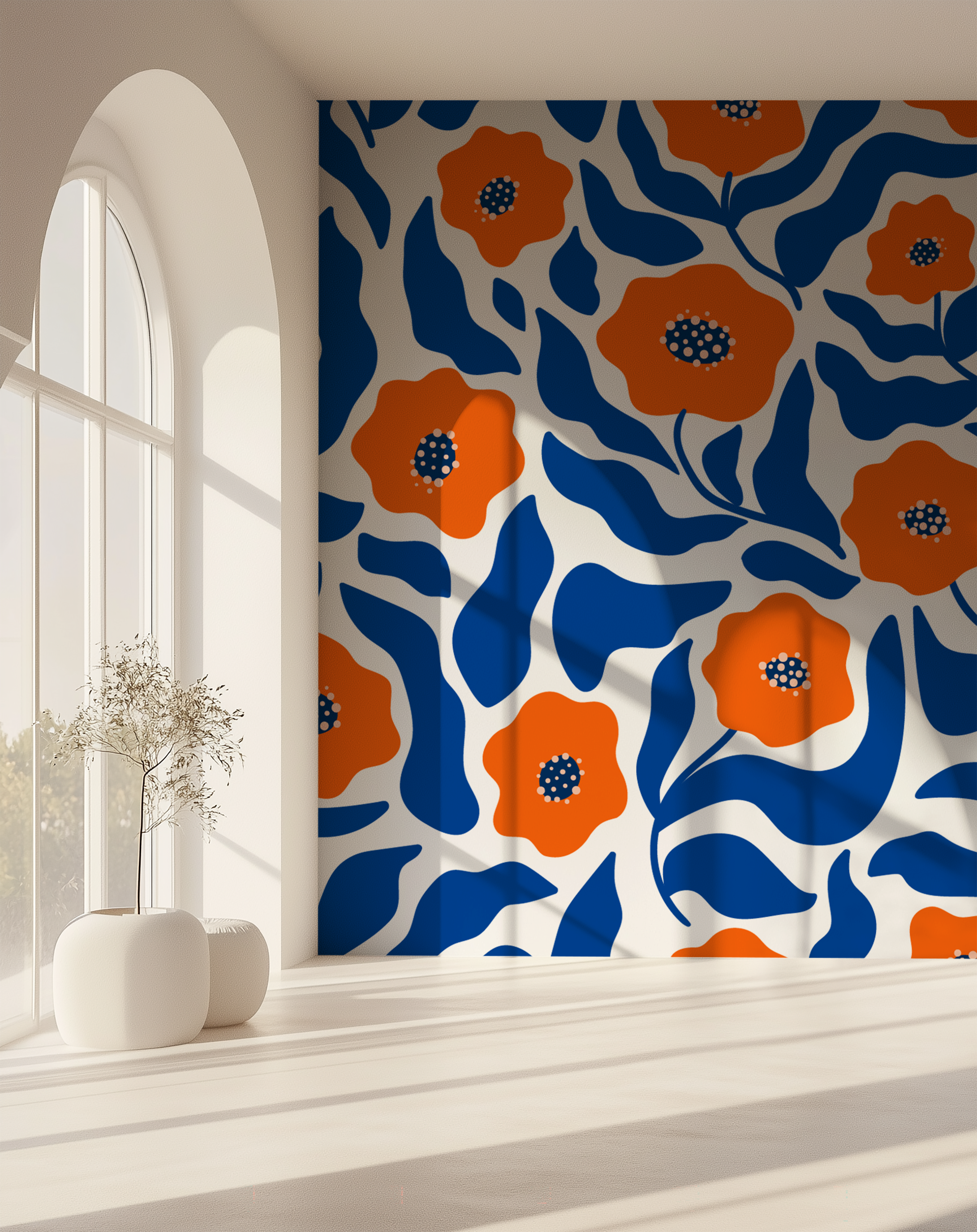 Orange and blue floral wallpaper with oversized flowers and flowing botanical leaves