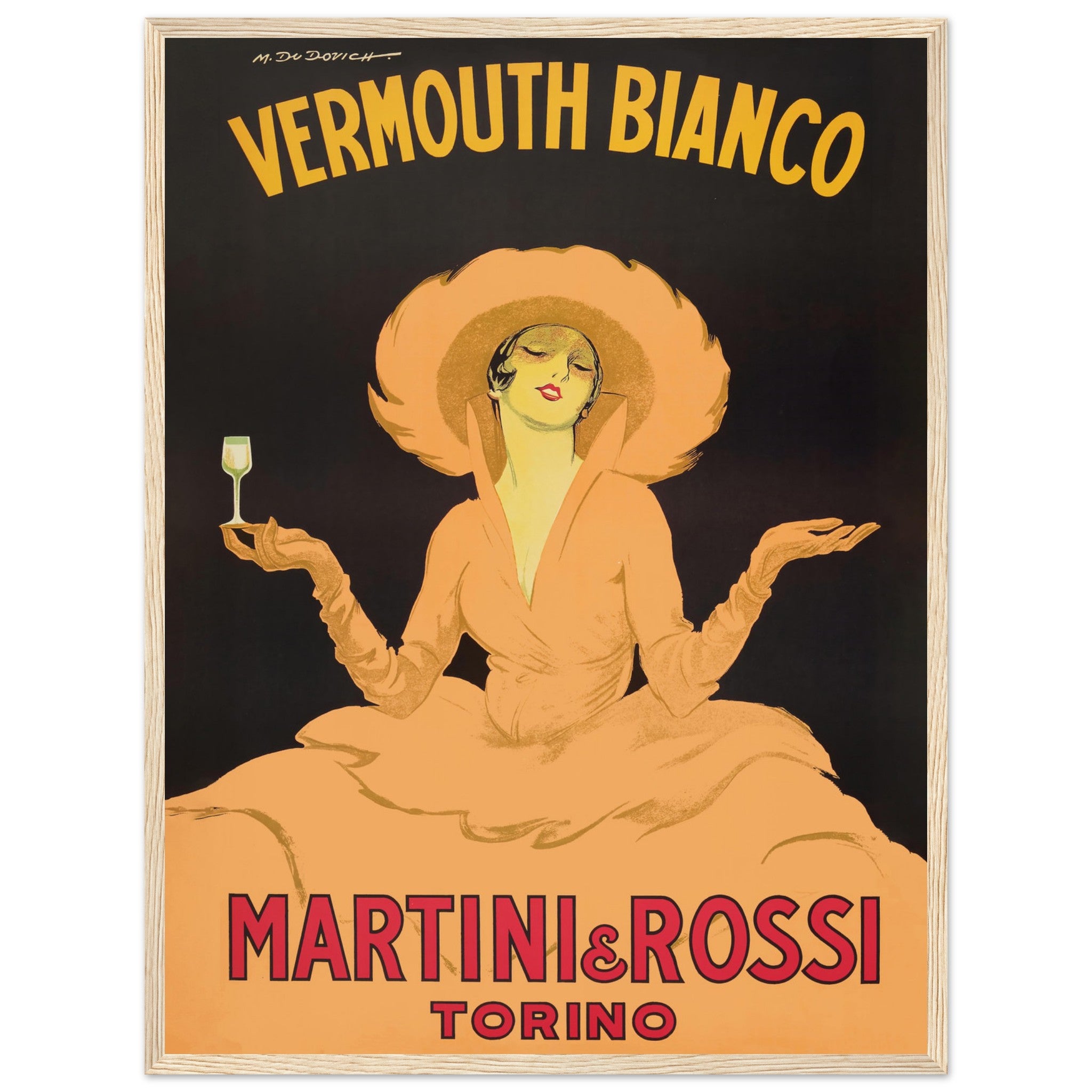 Art Deco Martini & Rossi poster print with glamorous woman holding a glass — vintage bar decor from Italy.