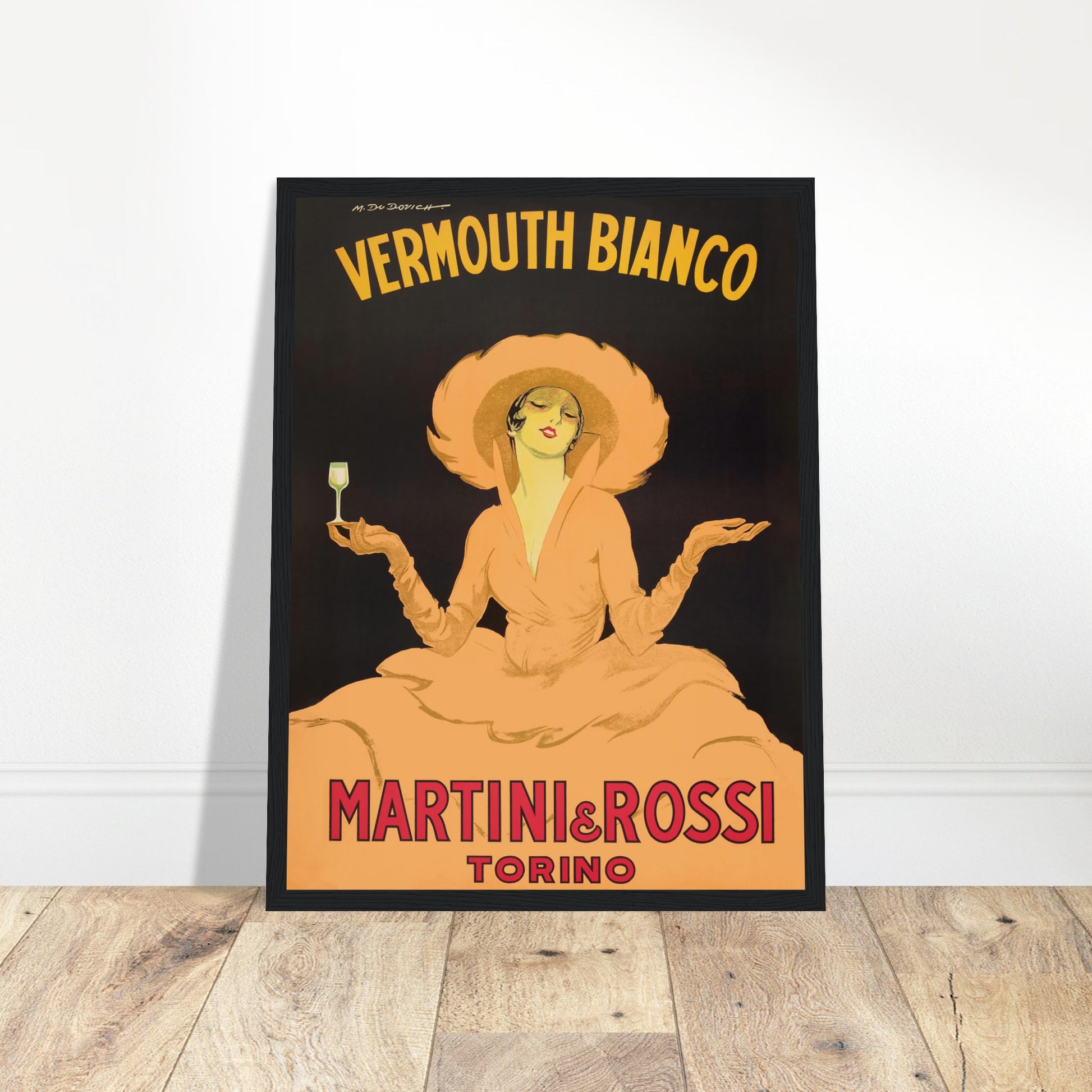 Vintage Martini & Rossi Vermouth Bianco poster featuring elegant Art Deco woman in orange hat — classic Italian advertising art.