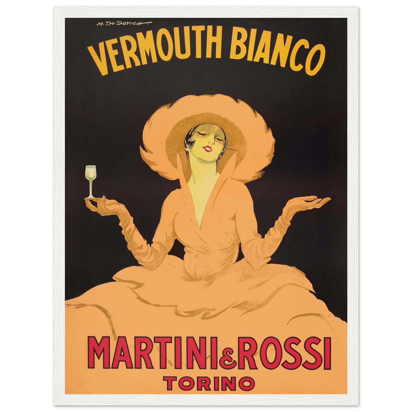 Retro Martini Vermouth Bianco wall art poster with classic 1920s Italian style and elegant fashion illustration.