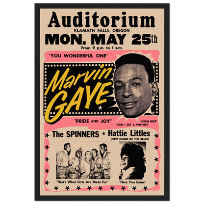 Iconic Marvin Gaye concert poster, perfect for soul music fans and collectors. Celebrate a Motown legend with this vintage-style wall art. Shop now!