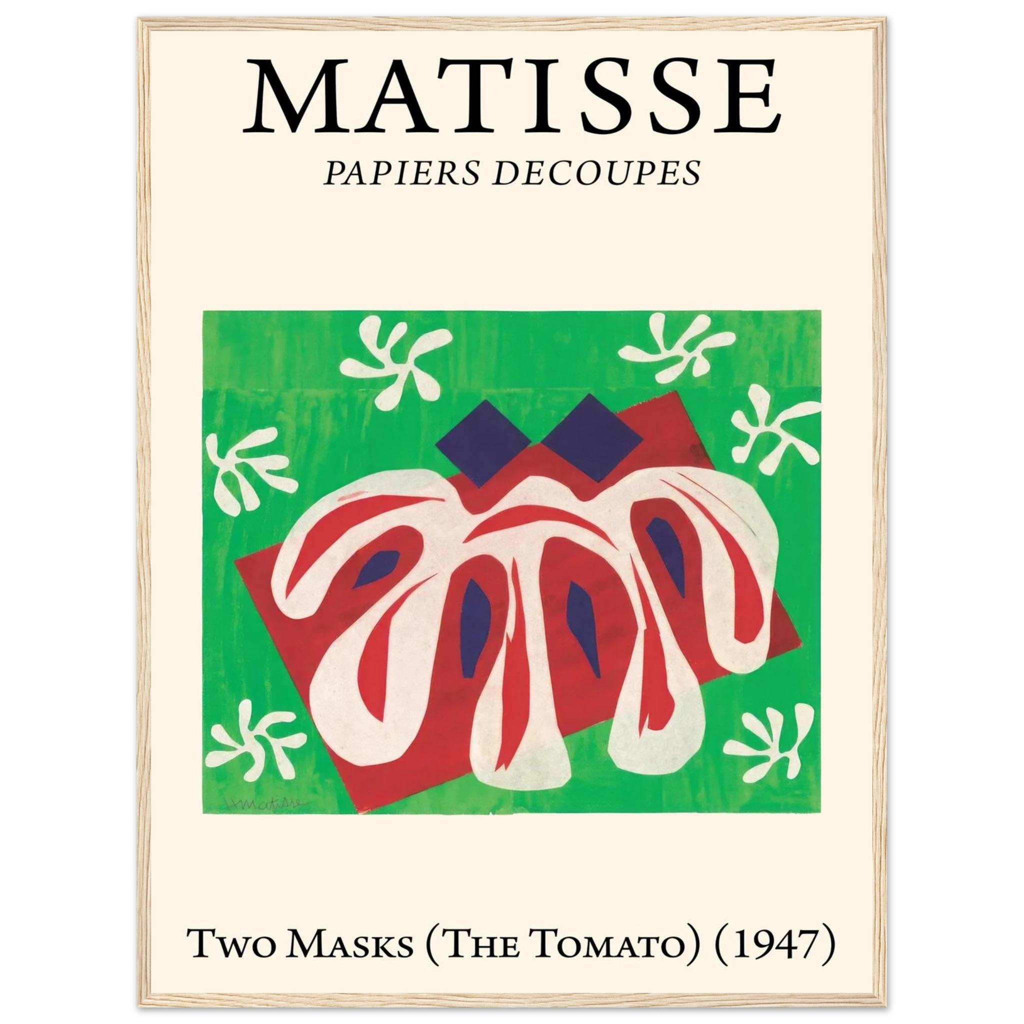 Modern art print of Henri Matisse’s cut-outs, featuring the abstracted faces of Two Masks and the organic design of The Tomato.