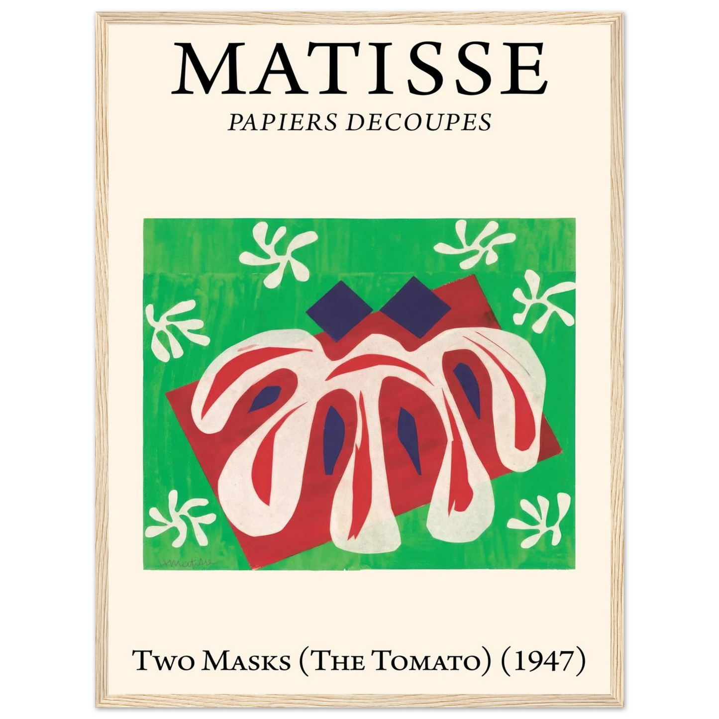 High-quality reproduction poster print of Henri Matisse’s cut-outs Two Masks and The Tomato, showcasing bold shapes and vibrant color.