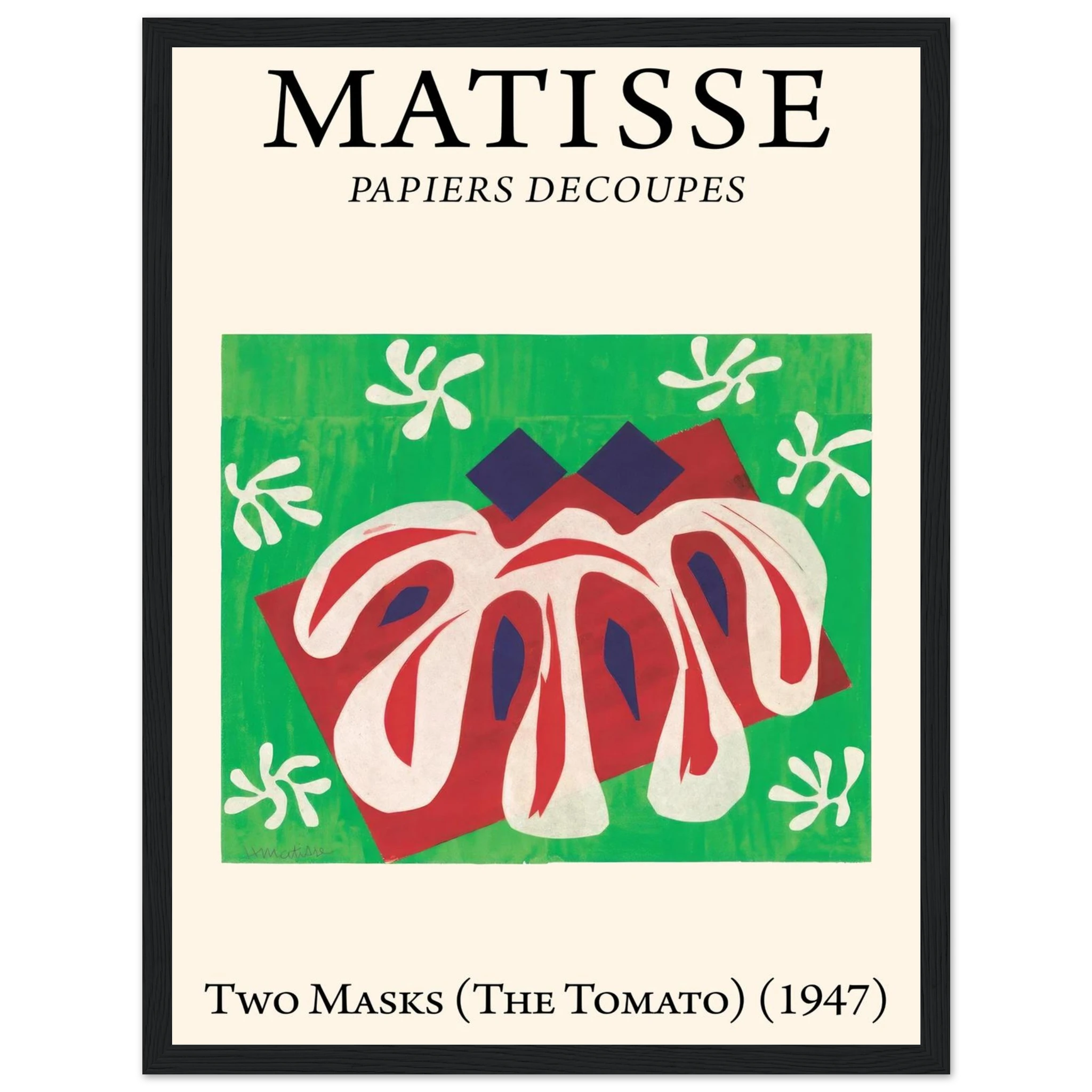 This high-quality reproduction features two vibrant works from Henri Matisse’s Papiers découpés (cut-outs): Two Masks and The Tomato. Created during the artist’s late career, these pieces exemplify Matisse’s bold exploration of shape, color, and negative space, using hand-cut paper as a medium for pure expression. Two Masks presents abstracted faces in striking contrast, while The Tomato celebrates natural forms through stylized, organic shapes. Printed on archival-quality paper, these poster prints make po