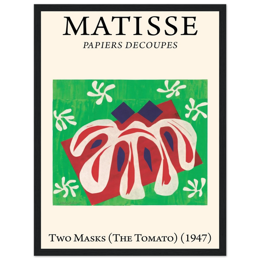 This high-quality reproduction features two vibrant works from Henri Matisse’s Papiers découpés (cut-outs): Two Masks and The Tomato. Created during the artist’s late career, these pieces exemplify Matisse’s bold exploration of shape, color, and negative space, using hand-cut paper as a medium for pure expression. Two Masks presents abstracted faces in striking contrast, while The Tomato celebrates natural forms through stylized, organic shapes. Printed on archival-quality paper, these poster prints make po