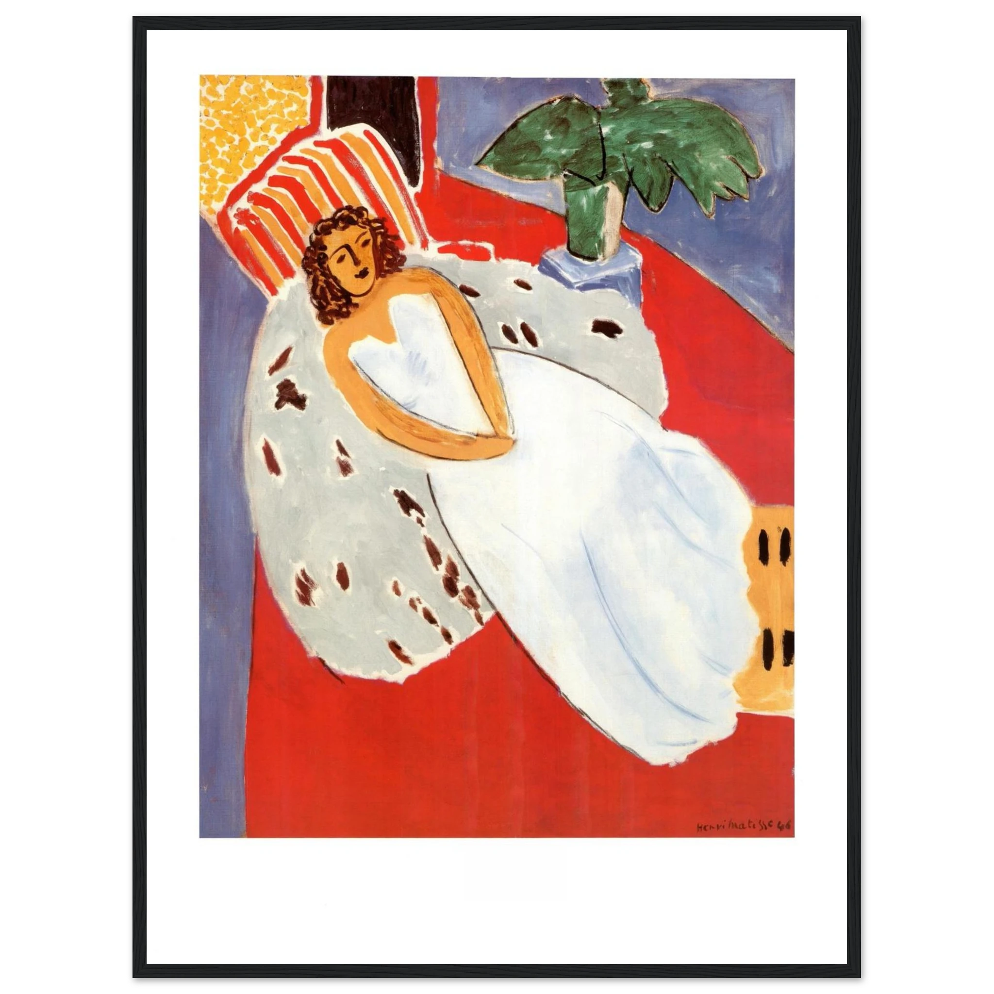 High-quality reproduction print of Femme en blanc (Woman in White) by Henri Matisse, a modernist portrait blending serenity and bold pattern
