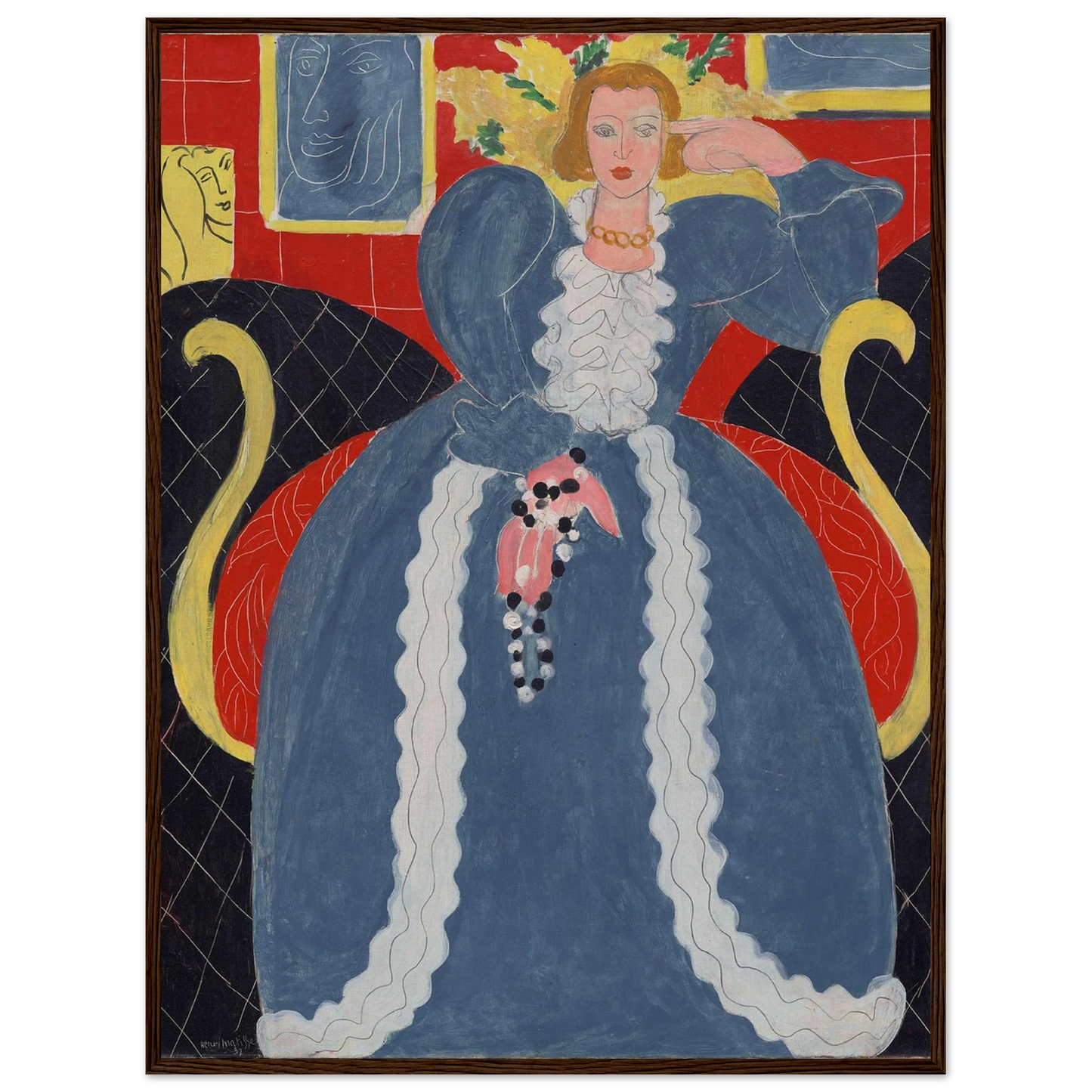 Wall art print of Matisse’s Femme en bleu, featuring a seated woman against a patterned blue background in bold modernist style.