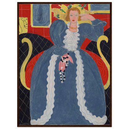 Wall art print of Matisse’s Femme en bleu, featuring a seated woman against a patterned blue background in bold modernist style.