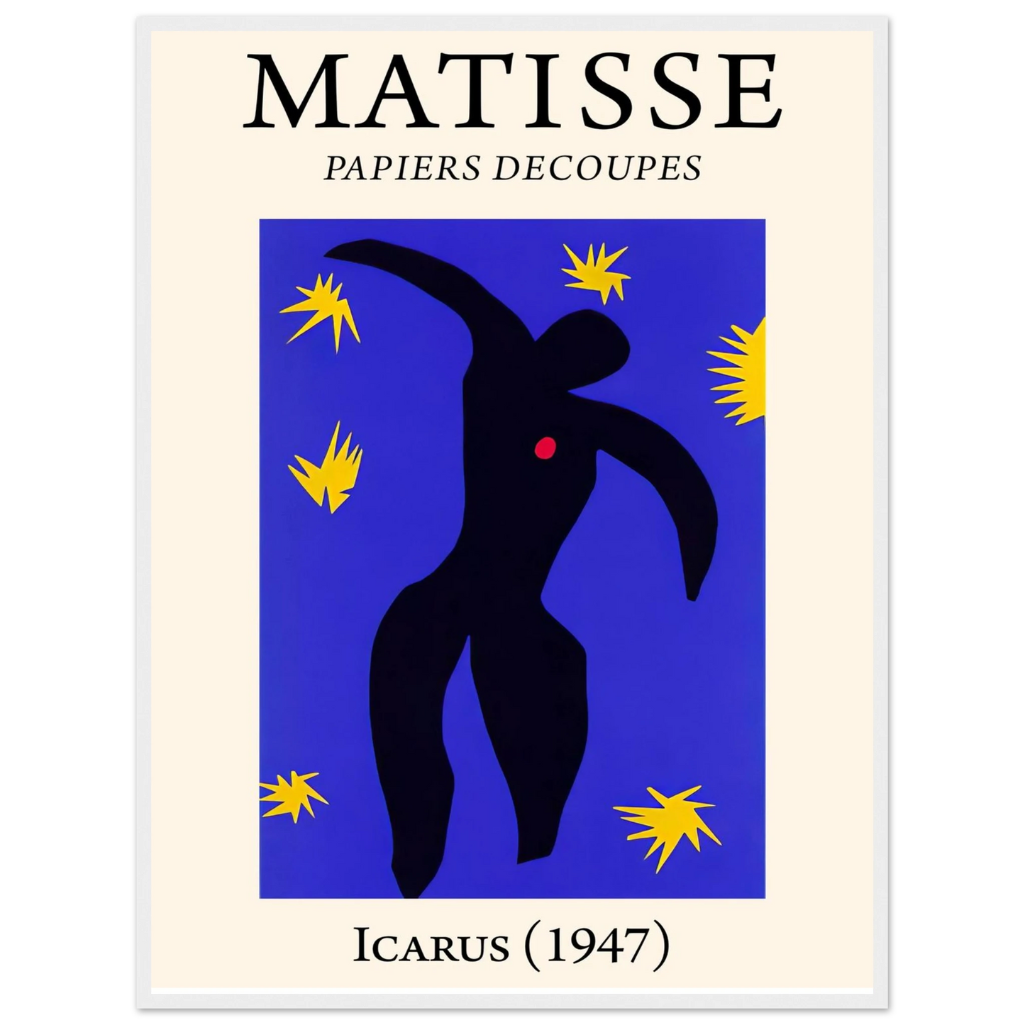 Wall art reproduction of Matisse’s Icarus from the Jazz series, featuring the figure against a deep blue sky with yellow stars.