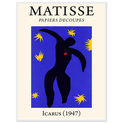 Wall art reproduction of Matisse’s Icarus from the Jazz series, featuring the figure against a deep blue sky with yellow stars.