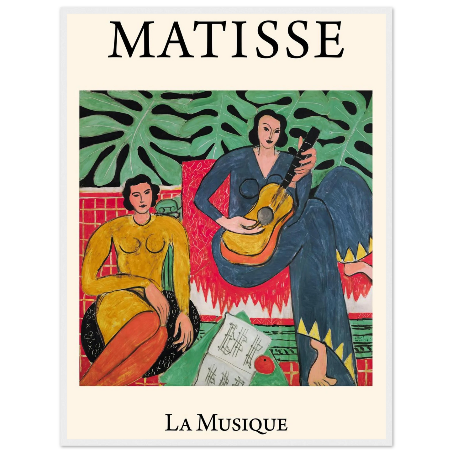 French modernist artwork La Musique (1939) by Matisse, depicting two seated figures in vivid hues and simplified shapes.