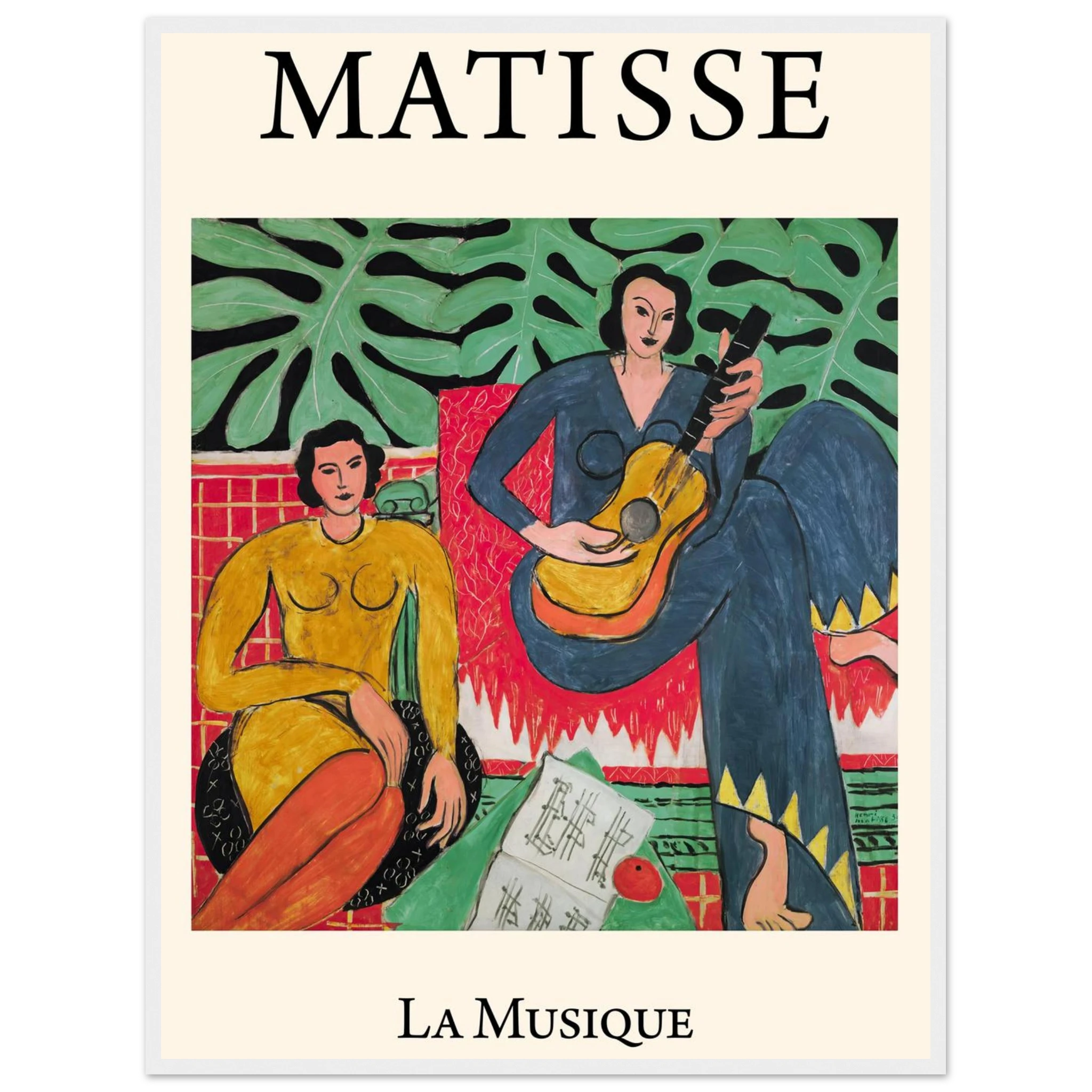 French modernist artwork La Musique (1939) by Matisse, depicting two seated figures in vivid hues and simplified shapes.