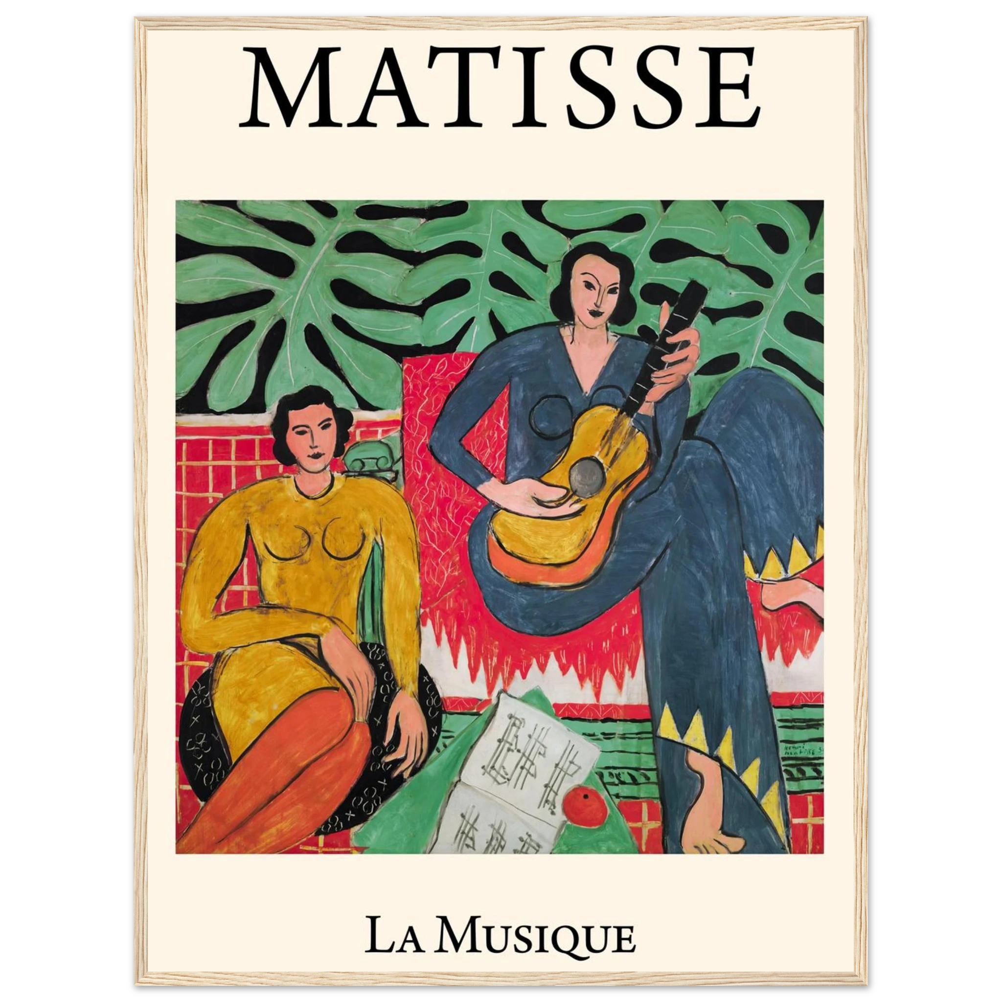 Modern art reproduction of La Musique by Henri Matisse, a 1939 masterpiece celebrating harmony between sound, color, and form.