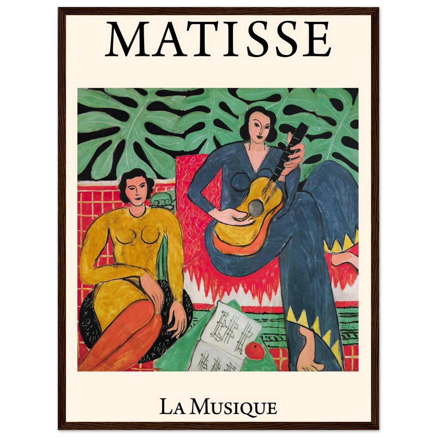 Wall art print of Matisse’s La Musique, a modernist composition blending musical symbolism, bold color, and serene expression.