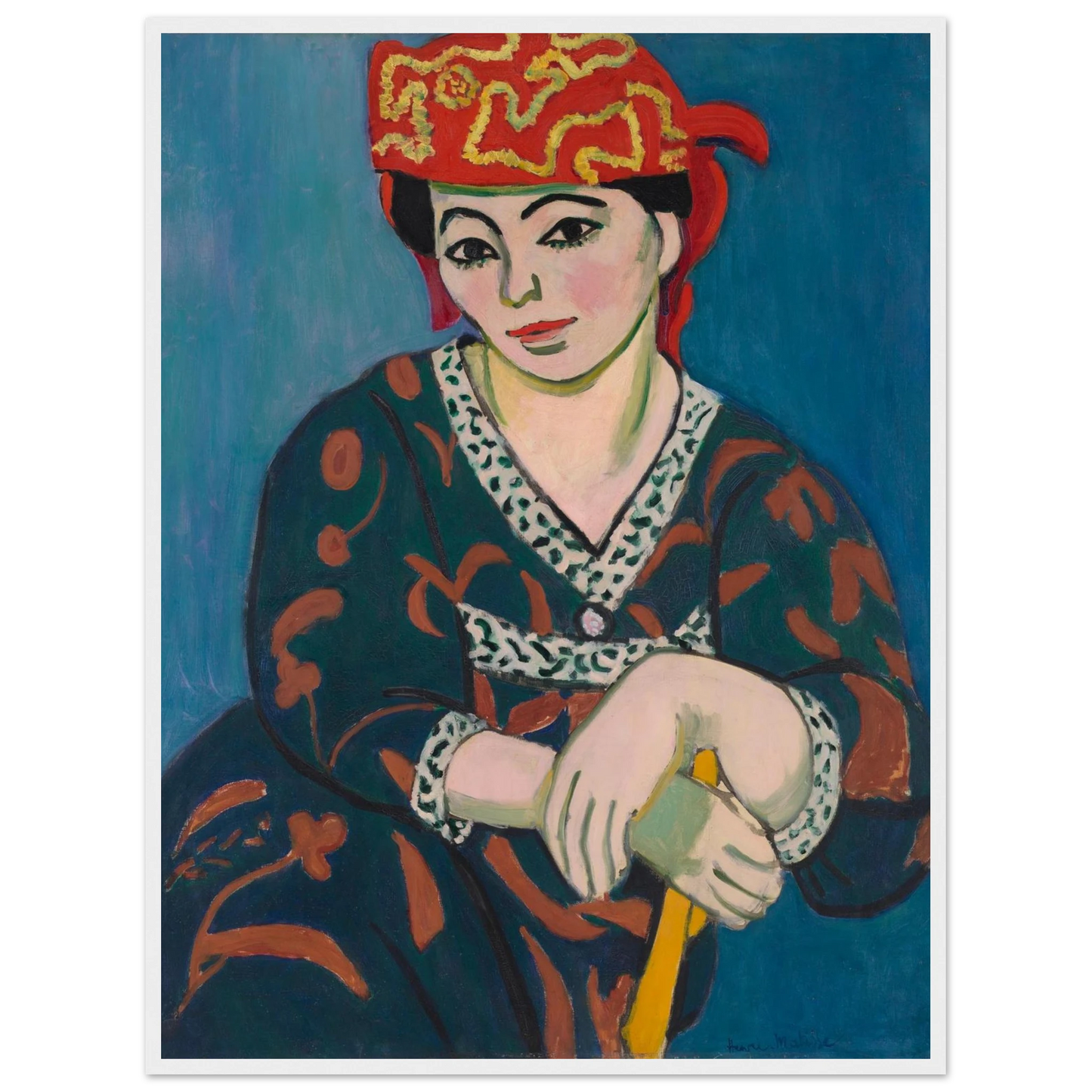 Portrait art print of Red Madras Headdress by Matisse, capturing exotic fabric patterns and emotional depth in French modernist painting.