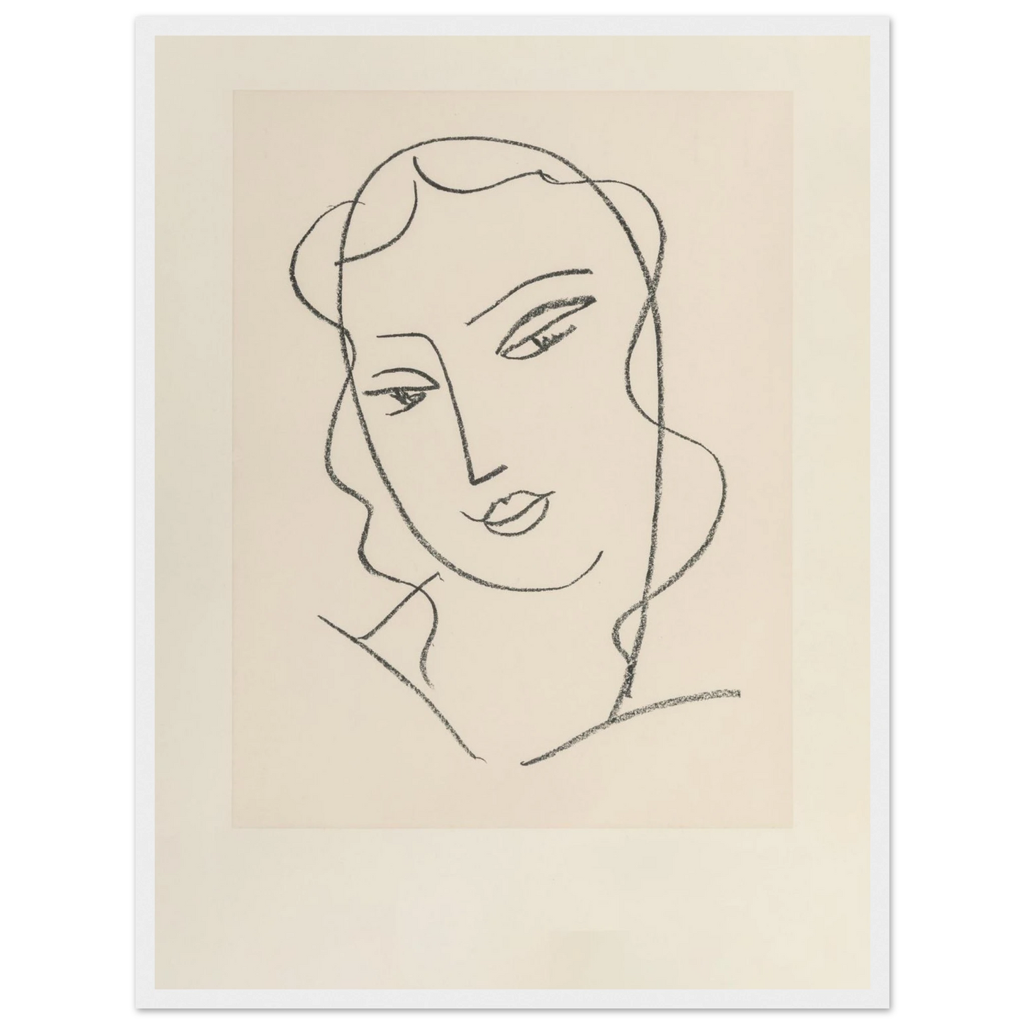 High-quality reproduction of Tête Voilée (1950–1951) by Henri Matisse, a minimalist line drawing portraying a veiled woman with graceful simplicity.