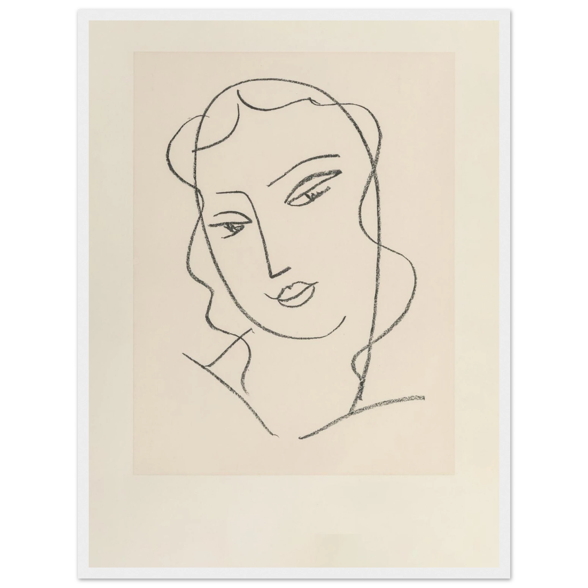 High-quality reproduction of Tête Voilée (1950–1951) by Henri Matisse, a minimalist line drawing portraying a veiled woman with graceful simplicity.