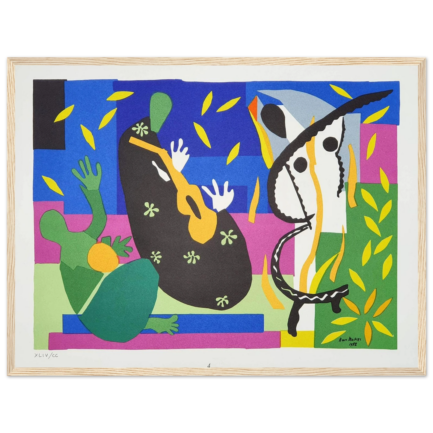 Paper cut-out artwork The Sorrows of the King (1952) by Matisse, depicting the artist with a lute in a poetic study of aging and joy.