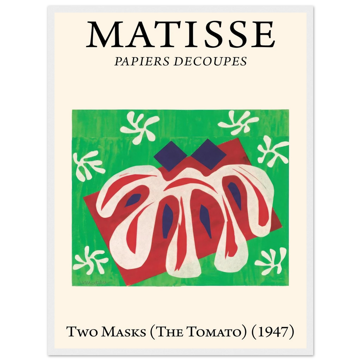 Abstract art reproduction of Matisse’s Two Masks and The Tomato, highlighting the artist’s late-career cut-out style.