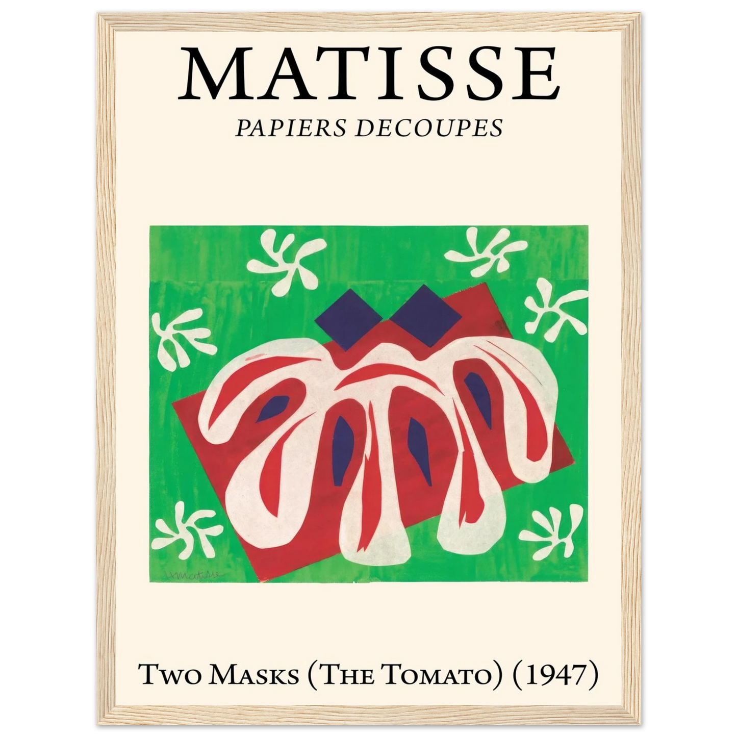 Modernism-inspired cut-out art by Matisse, combining Two Masks and The Tomato in a striking exploration of form and color.