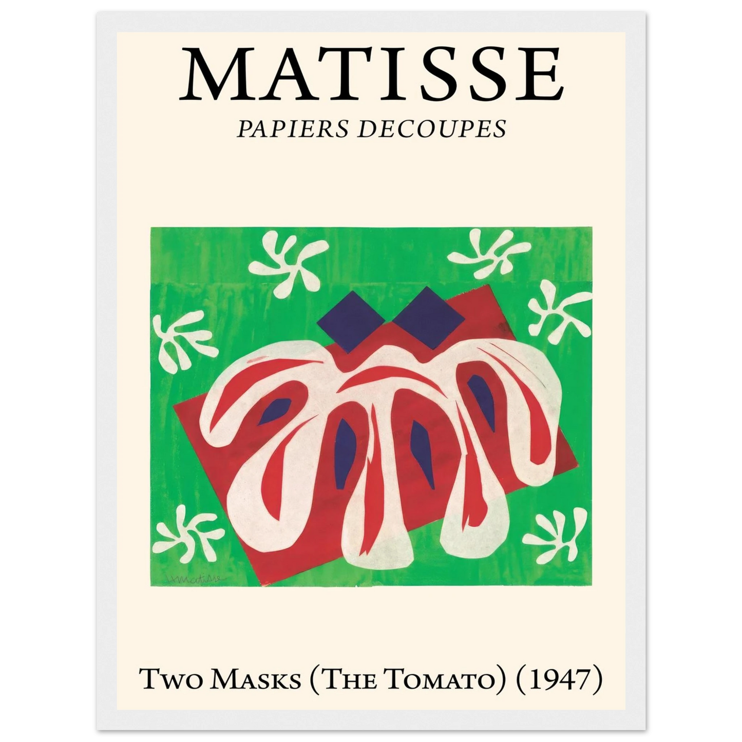 Wall art reproduction of Matisse’s Two Masks and The Tomato, iconic cut-out works exploring abstraction and natural forms.