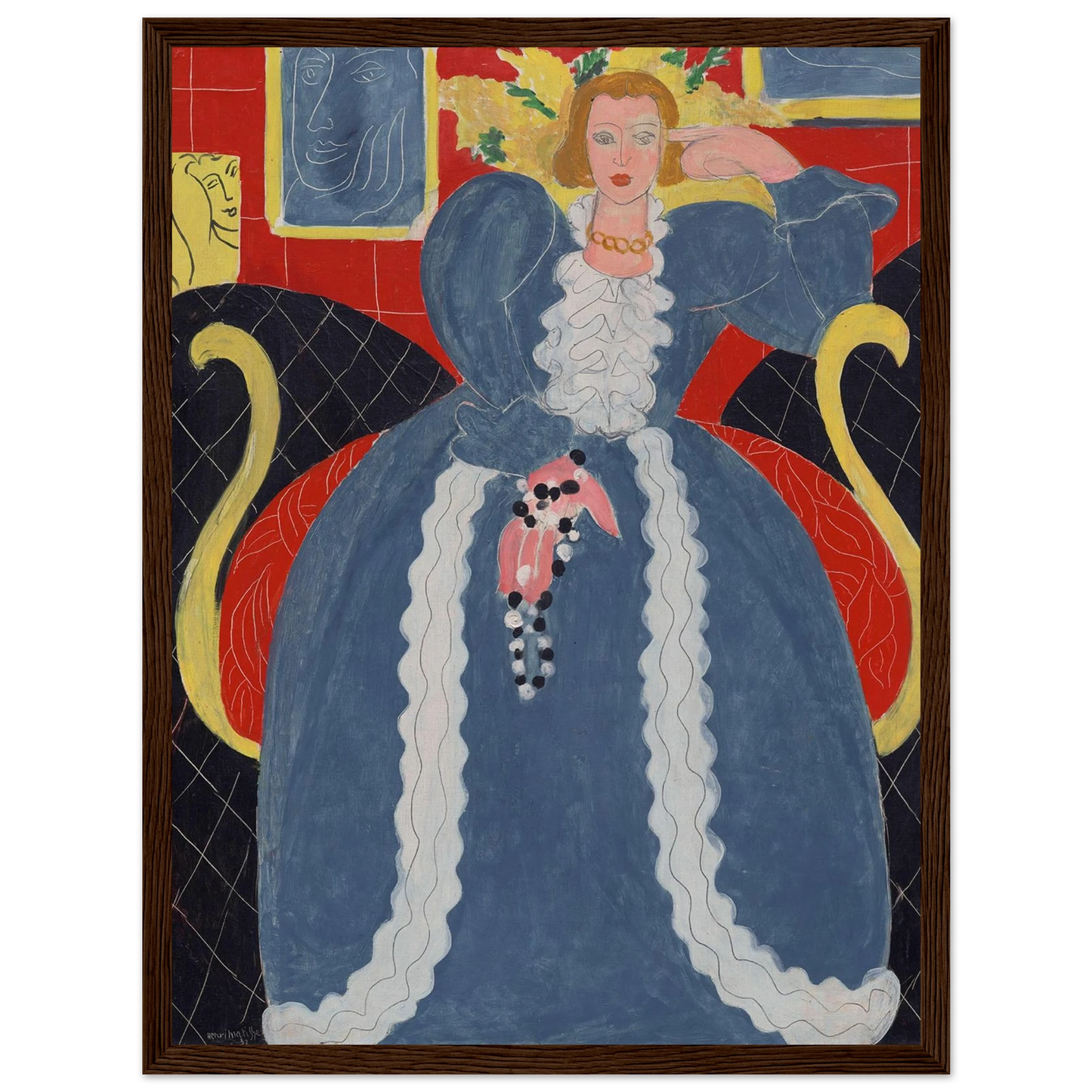 Mid-century modern wall decor featuring Matisse’s Woman in Blue, a timeless portrait combining vivid color with minimalist composition.