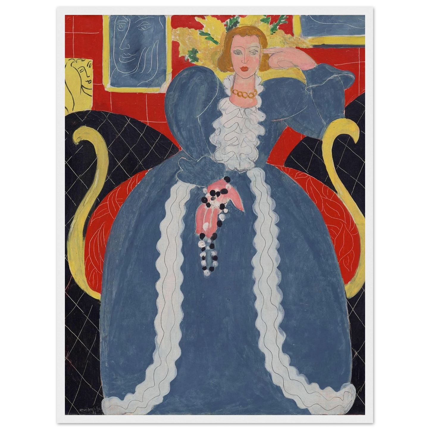 High-quality reproduction of Woman in Blue (Femme en bleu, 1937) by Henri Matisse, a refined portrait showcasing vivid color and elegant simplicity.