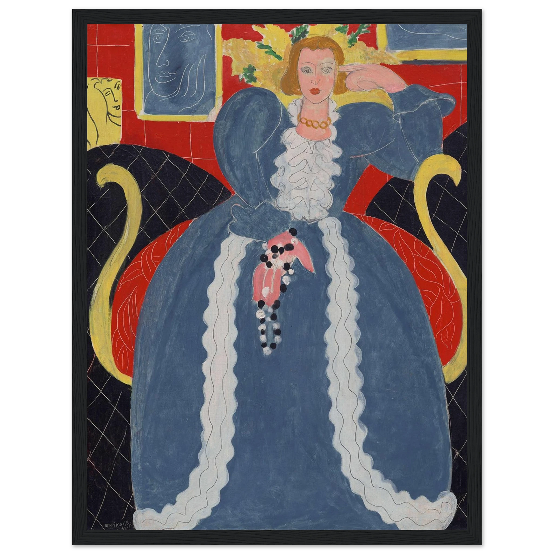 This high-quality reproduction of Woman in Blue (Femme en bleu, 1937) by Henri Matisse captures the elegance and color mastery of one of his most refined portrait compositions. Featuring a seated woman against a richly patterned blue backdrop, the painting expresses balance, simplicity, and confidence through bold shapes and vivid contrast. Printed on archival-grade paper, this poster print makes stunning wall art for modern homes, artful interiors, or mid-century-inspired spaces. Whether you're a fan of Fr