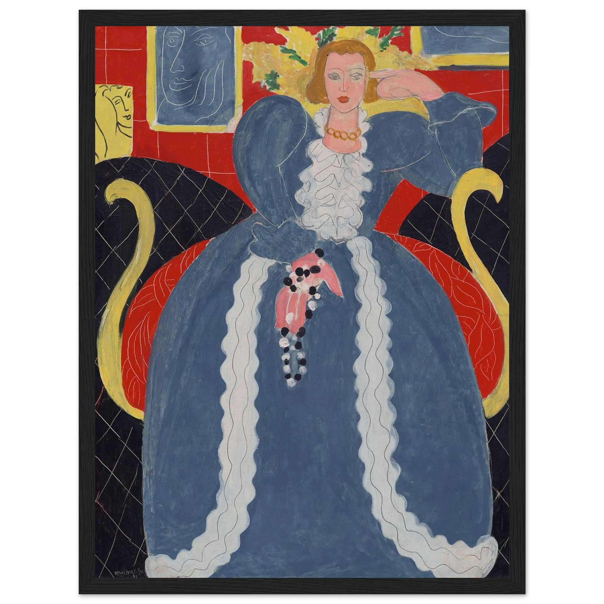 This high-quality reproduction of Woman in Blue (Femme en bleu, 1937) by Henri Matisse captures the elegance and color mastery of one of his most refined portrait compositions. Featuring a seated woman against a richly patterned blue backdrop, the painting expresses balance, simplicity, and confidence through bold shapes and vivid contrast. Printed on archival-grade paper, this poster print makes stunning wall art for modern homes, artful interiors, or mid-century-inspired spaces. Whether you're a fan of Fr
