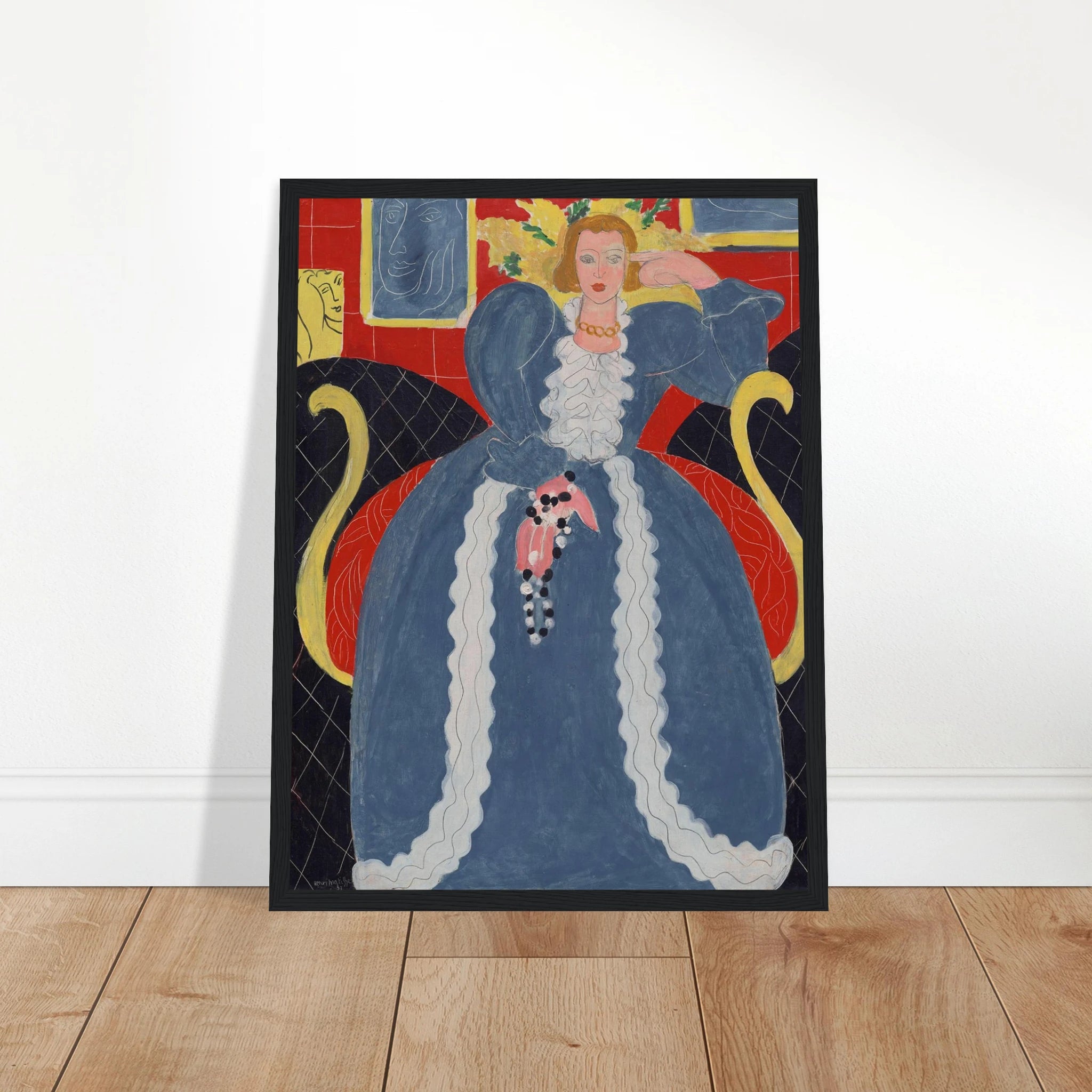 This high-quality reproduction of Woman in Blue (Femme en bleu, 1937) by Henri Matisse captures the elegance and color mastery of one of his most refined portrait compositions. Featuring a seated woman against a richly patterned blue backdrop, the painting expresses balance, simplicity, and confidence through bold shapes and vivid contrast. Printed on archival-grade paper, this poster print makes stunning wall art for modern homes, artful interiors, or mid-century-inspired spaces. Whether you're a fan of Fr