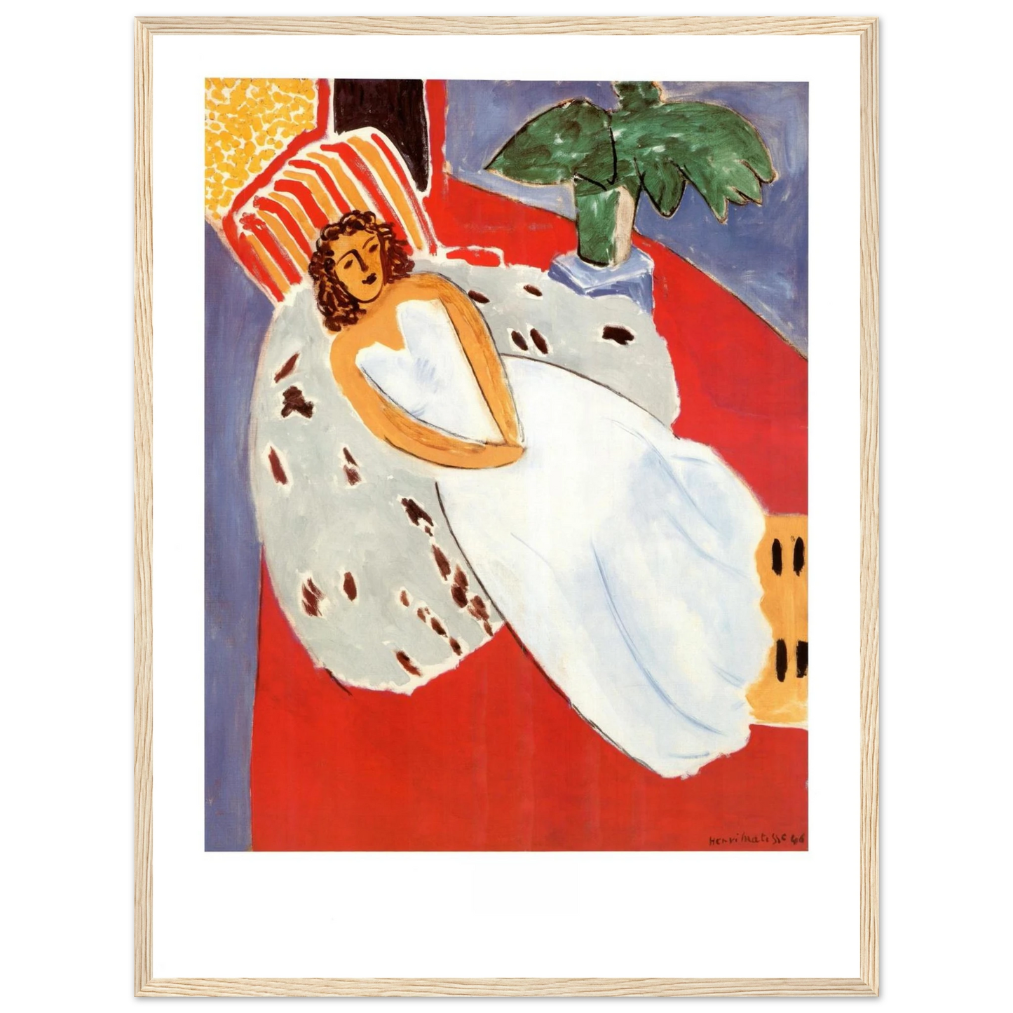 Portrait art print of Henri Matisse’s Woman in White, combining calm elegance with striking color contrasts and patterned detail