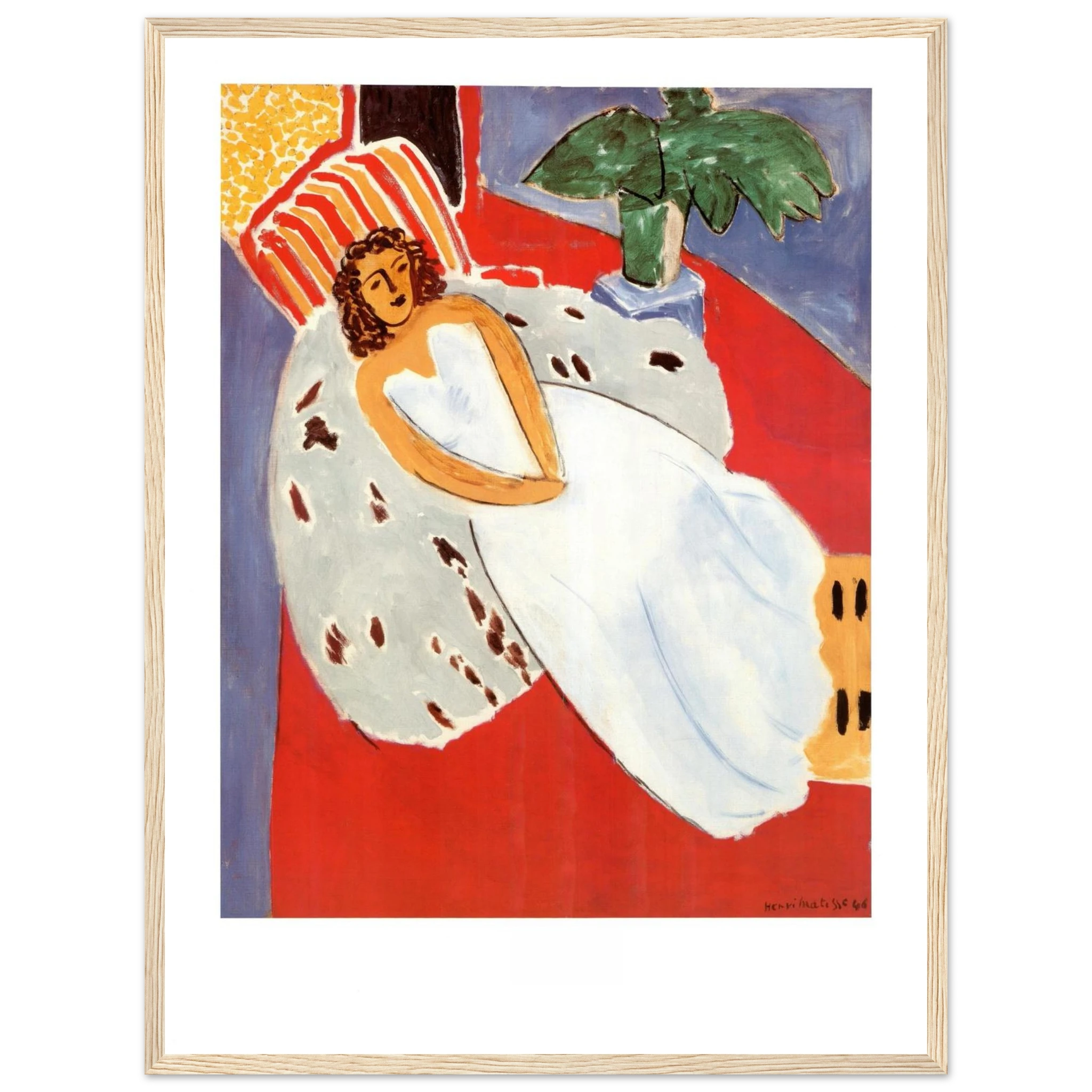 Portrait art print of Henri Matisse’s Woman in White, combining calm elegance with striking color contrasts and patterned detail