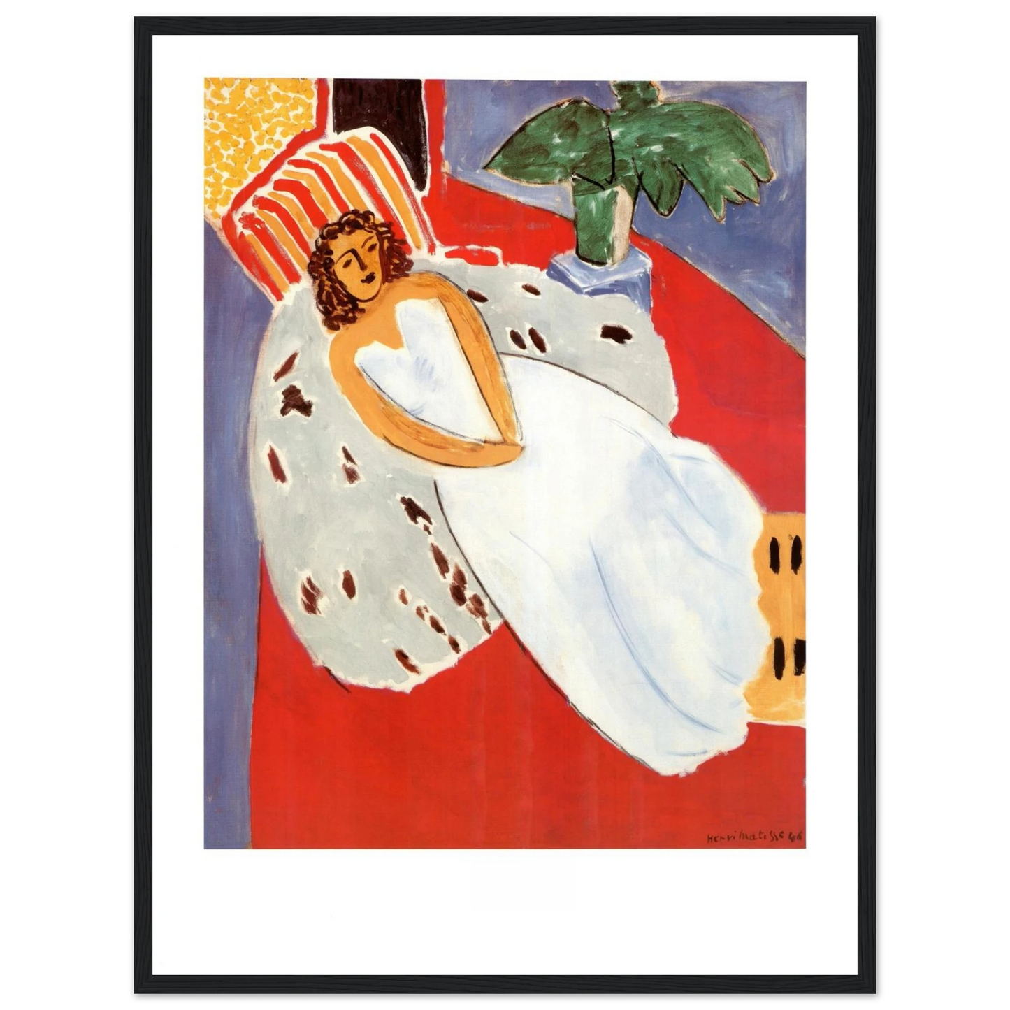 Wall art reproduction of Matisse’s Woman in White, featuring a seated figure in a white dress against a richly decorated background.