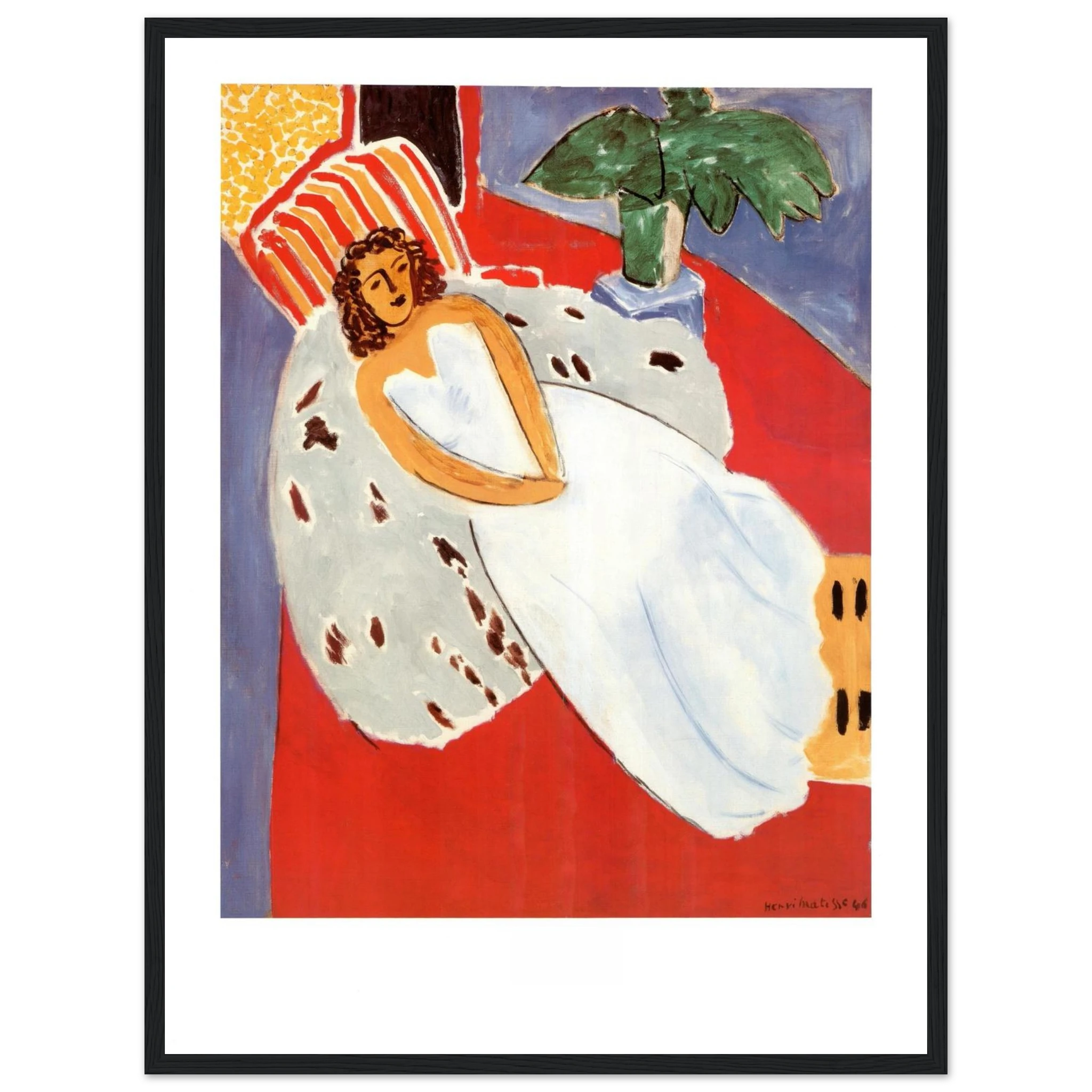Wall art reproduction of Matisse’s Woman in White, featuring a seated figure in a white dress against a richly decorated background.