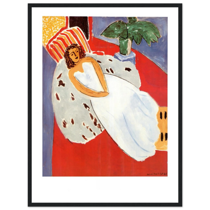 Wall art reproduction of Matisse’s Woman in White, featuring a seated figure in a white dress against a richly decorated background.